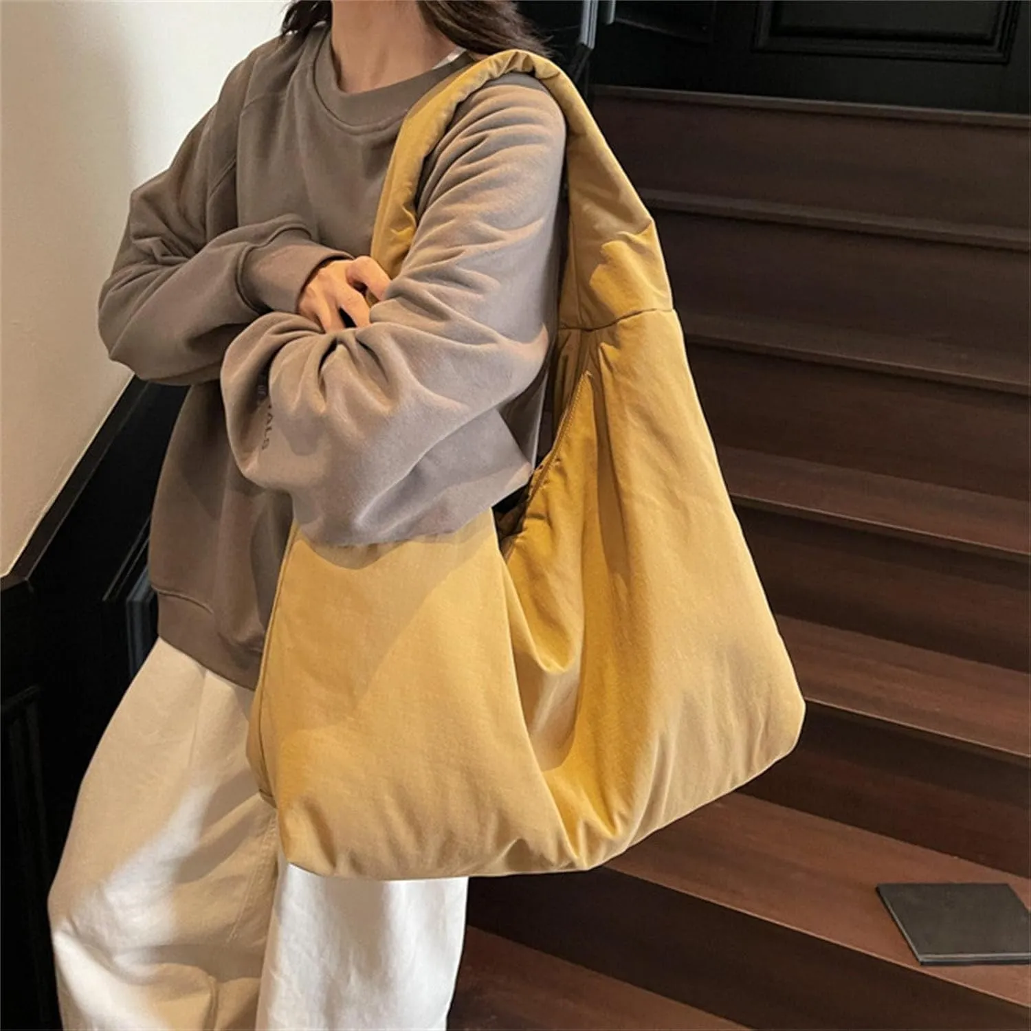 Women's Solid Color Draped Handbag Nylon Shoulder Bag Large Capacity Underarm Purse Slouchy Bag for Travel and Sports