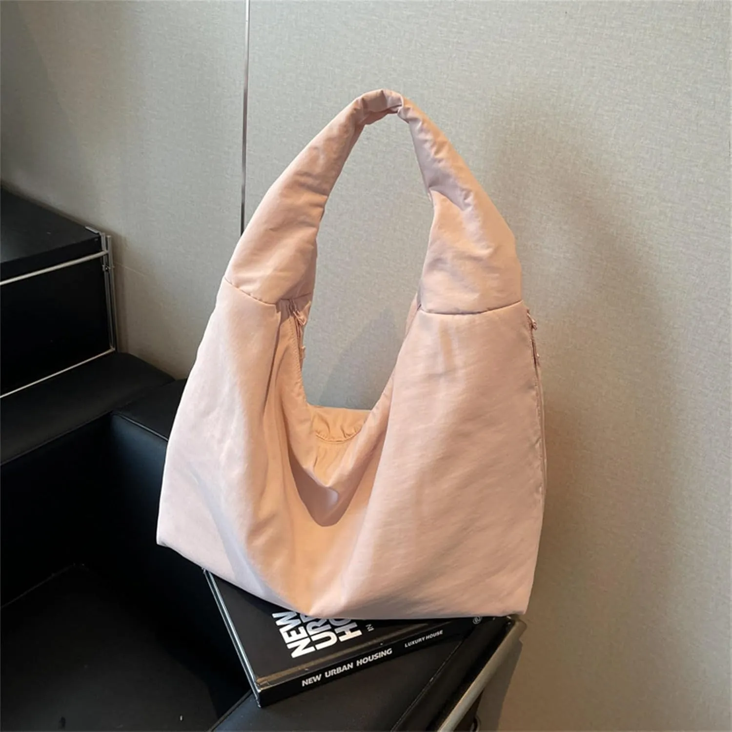 Women's Solid Color Draped Handbag Nylon Shoulder Bag Large Capacity Underarm Purse Slouchy Bag for Travel and Sports