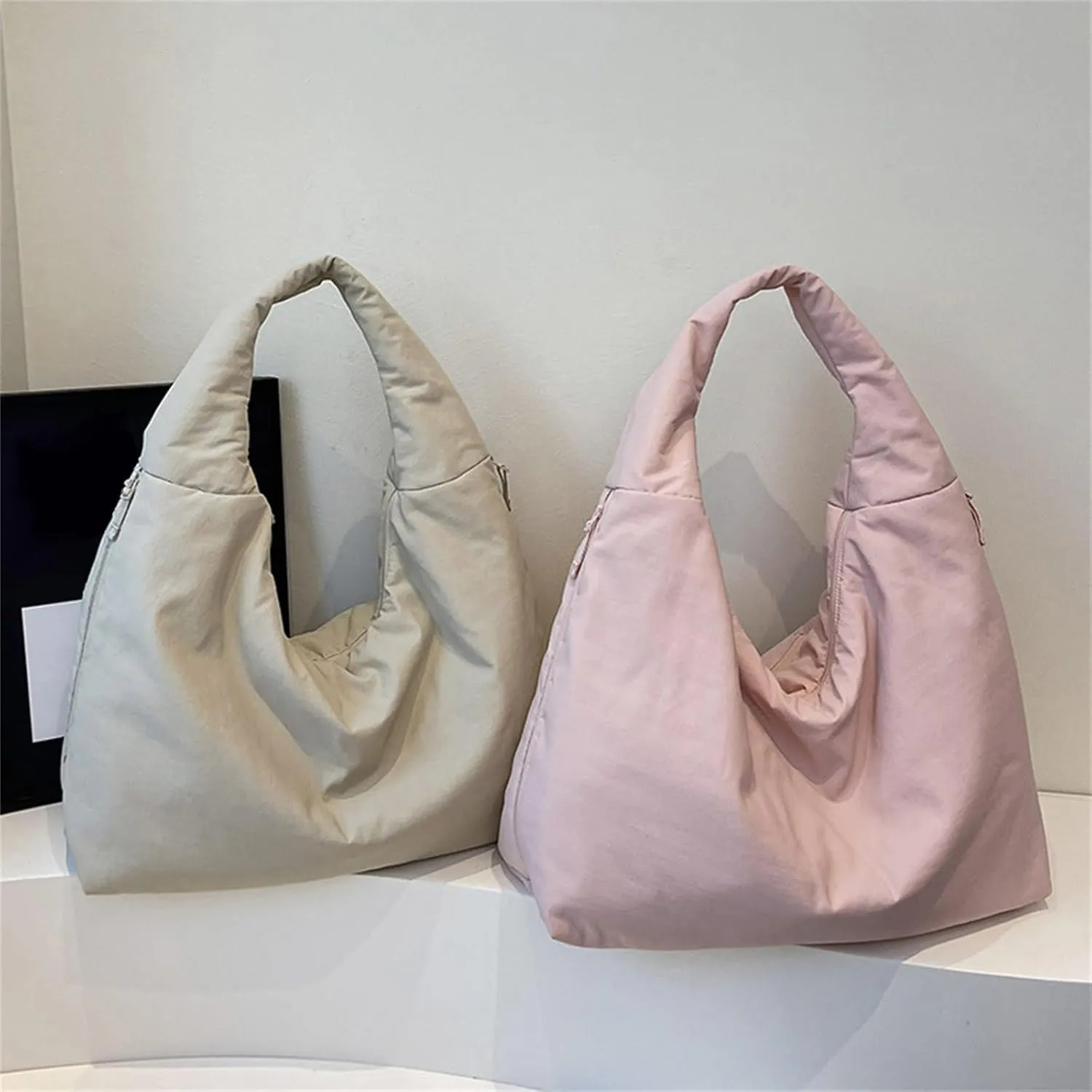 Women's Solid Color Draped Handbag Nylon Shoulder Bag Large Capacity Underarm Purse Slouchy Bag for Travel and Sports