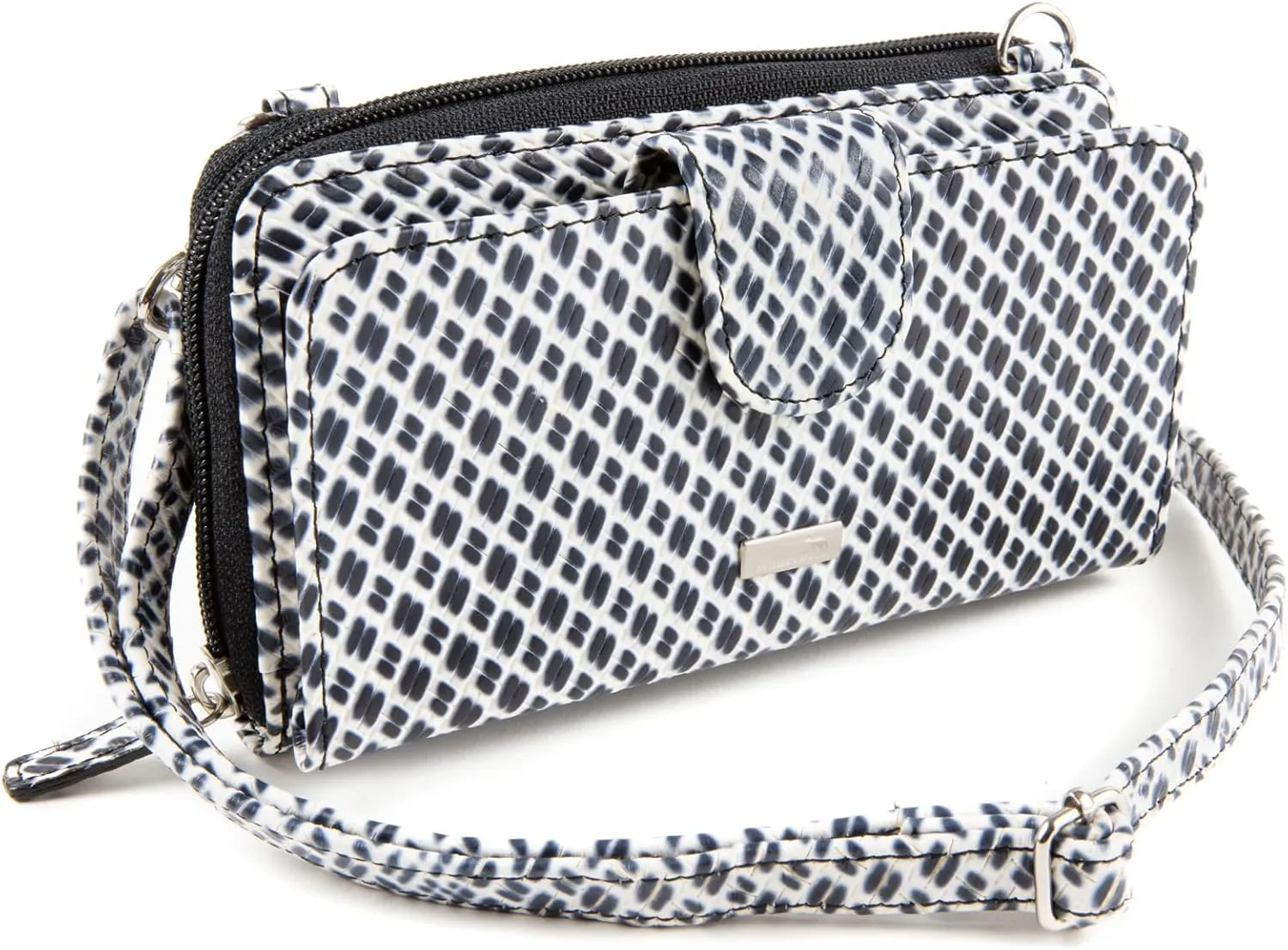 Women's Wallet Woven Leather Crossbody Smartphone Purse with Straps RFID Black and White