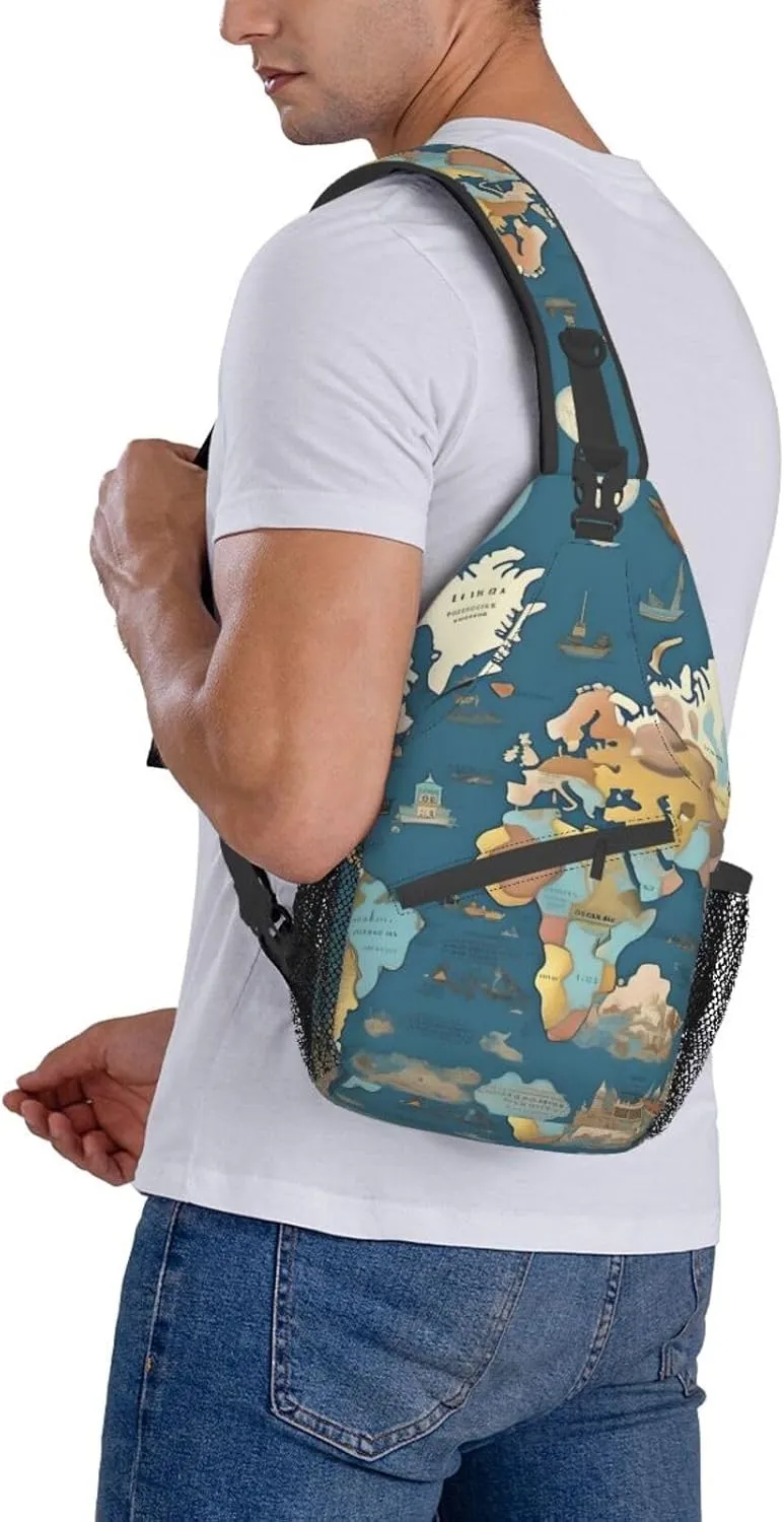 World Map Pattern High Storage Capacity Chest Bag Diagonally Sling Backpack Crossbody Shoulder Bag For Men Women
