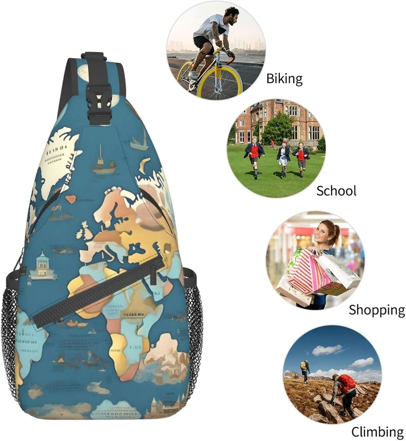 World Map Pattern High Storage Capacity Chest Bag Diagonally Sling Backpack Crossbody Shoulder Bag For Men Women