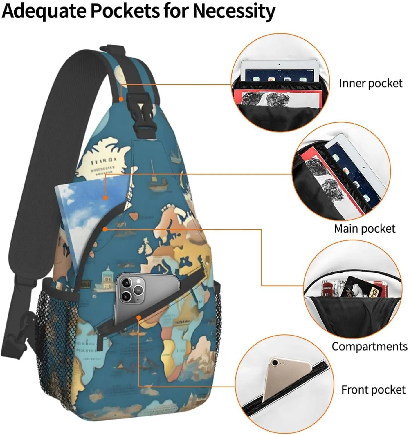 World Map Pattern High Storage Capacity Chest Bag Diagonally Sling Backpack Crossbody Shoulder Bag For Men Women