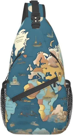 World Map Pattern High Storage Capacity Chest Bag Diagonally Sling Backpack Crossbody Shoulder Bag For Men Women