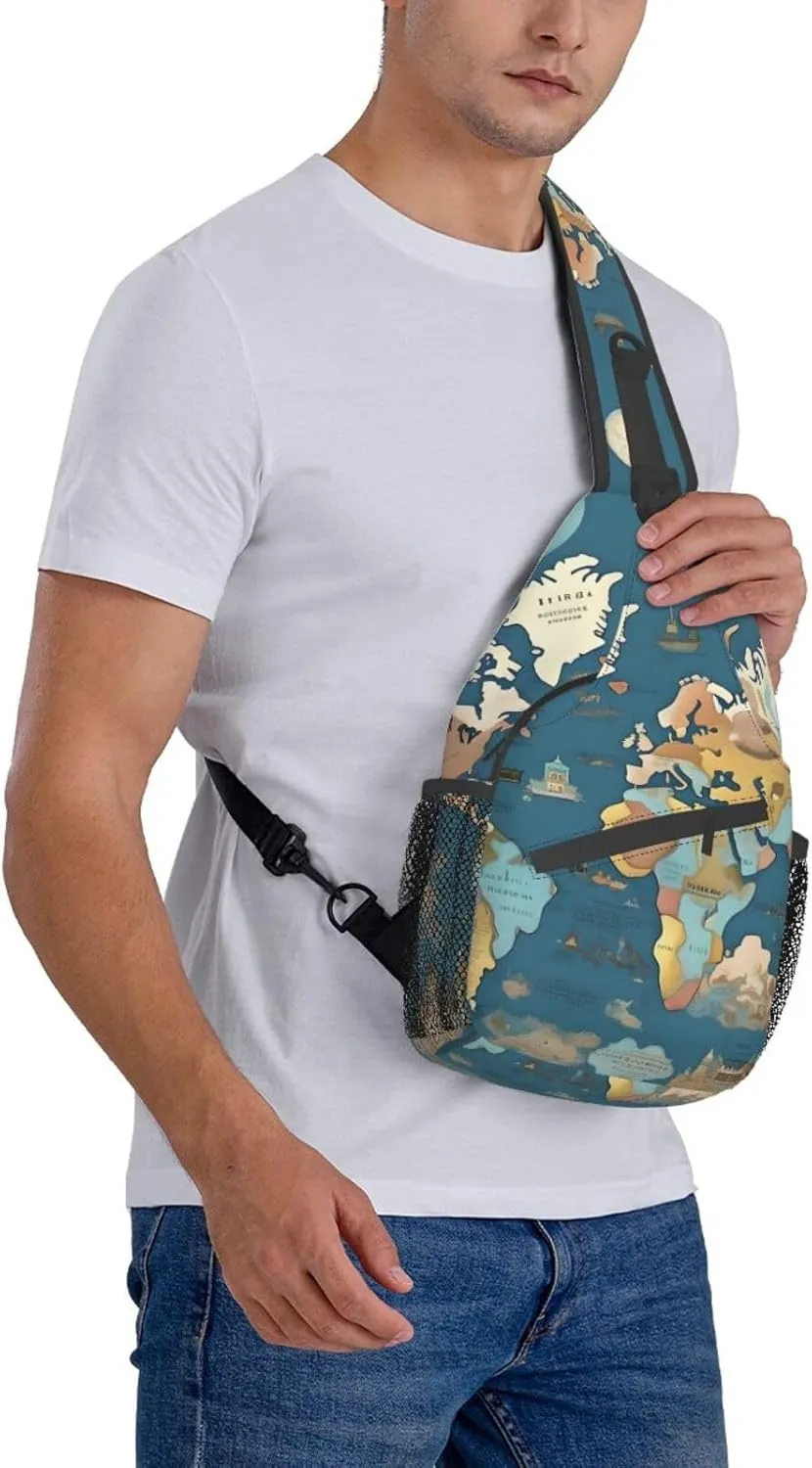 World Map Pattern High Storage Capacity Chest Bag Diagonally Sling Backpack Crossbody Shoulder Bag For Men Women