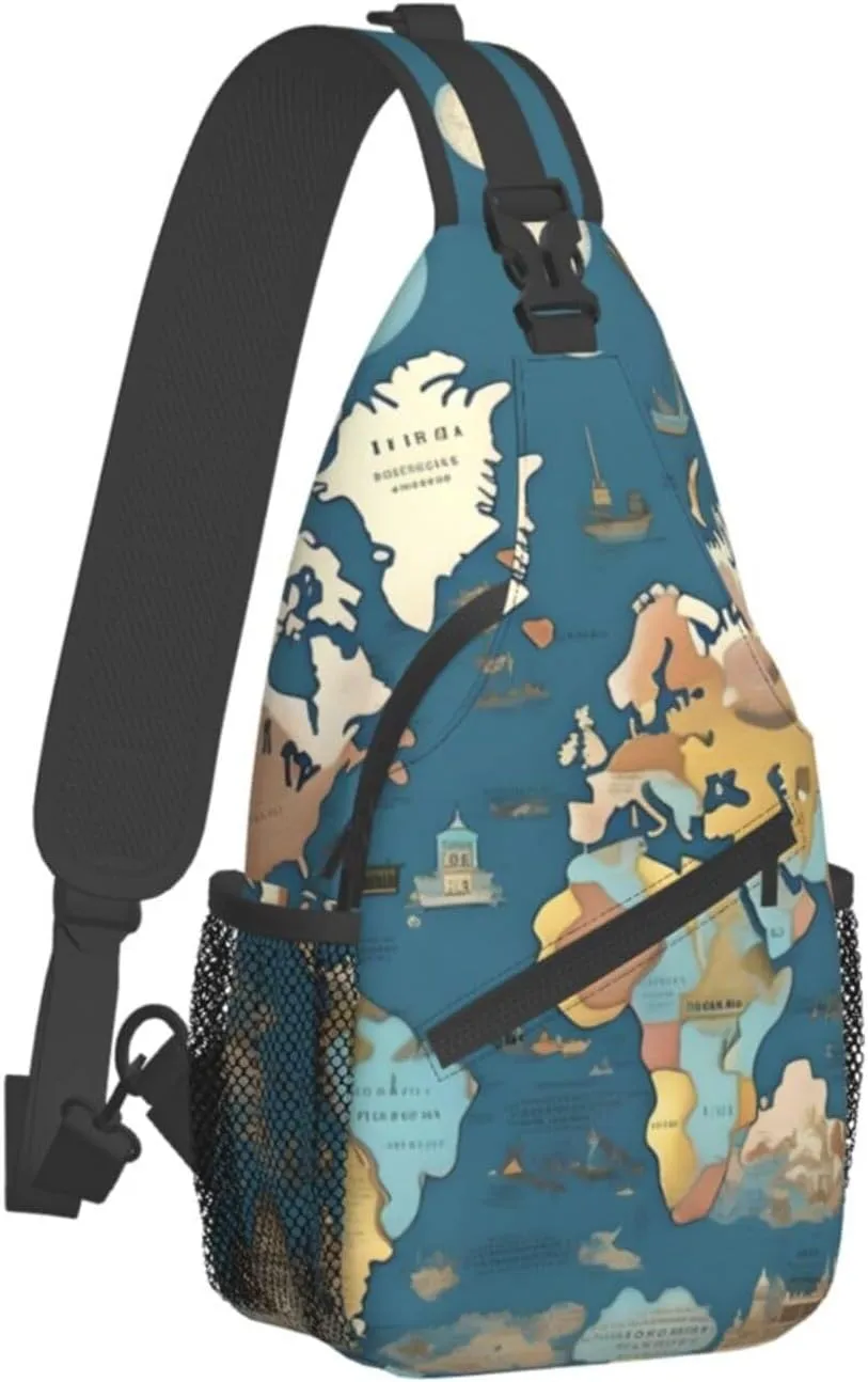 World Map Pattern High Storage Capacity Chest Bag Diagonally Sling Backpack Crossbody Shoulder Bag For Men Women