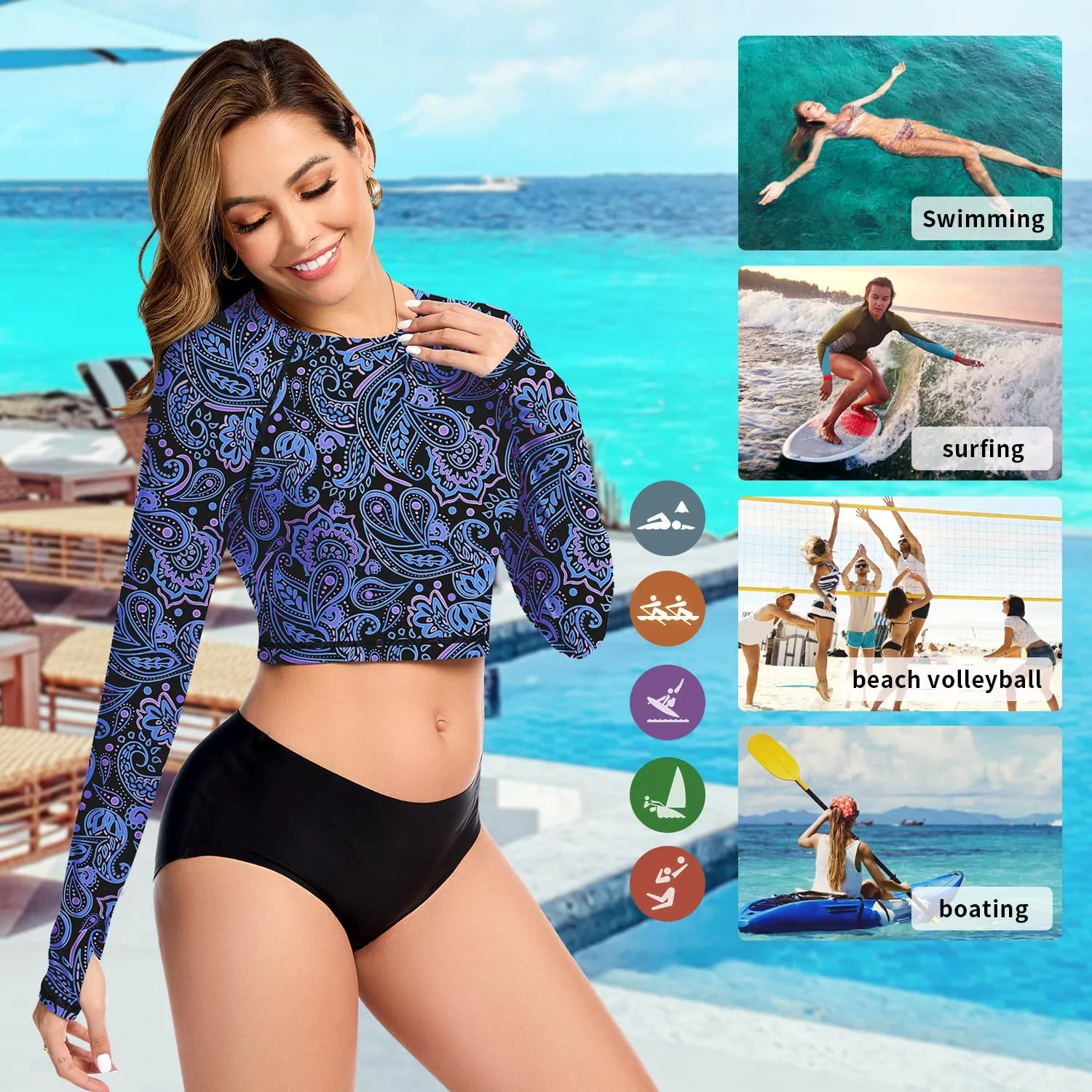 WOWENY Rash Guard for Women Long Sleeve Swimsuits UPF 50  Swim Shirts UV Protection Swim Crop Top Bathing Suit No Bottom