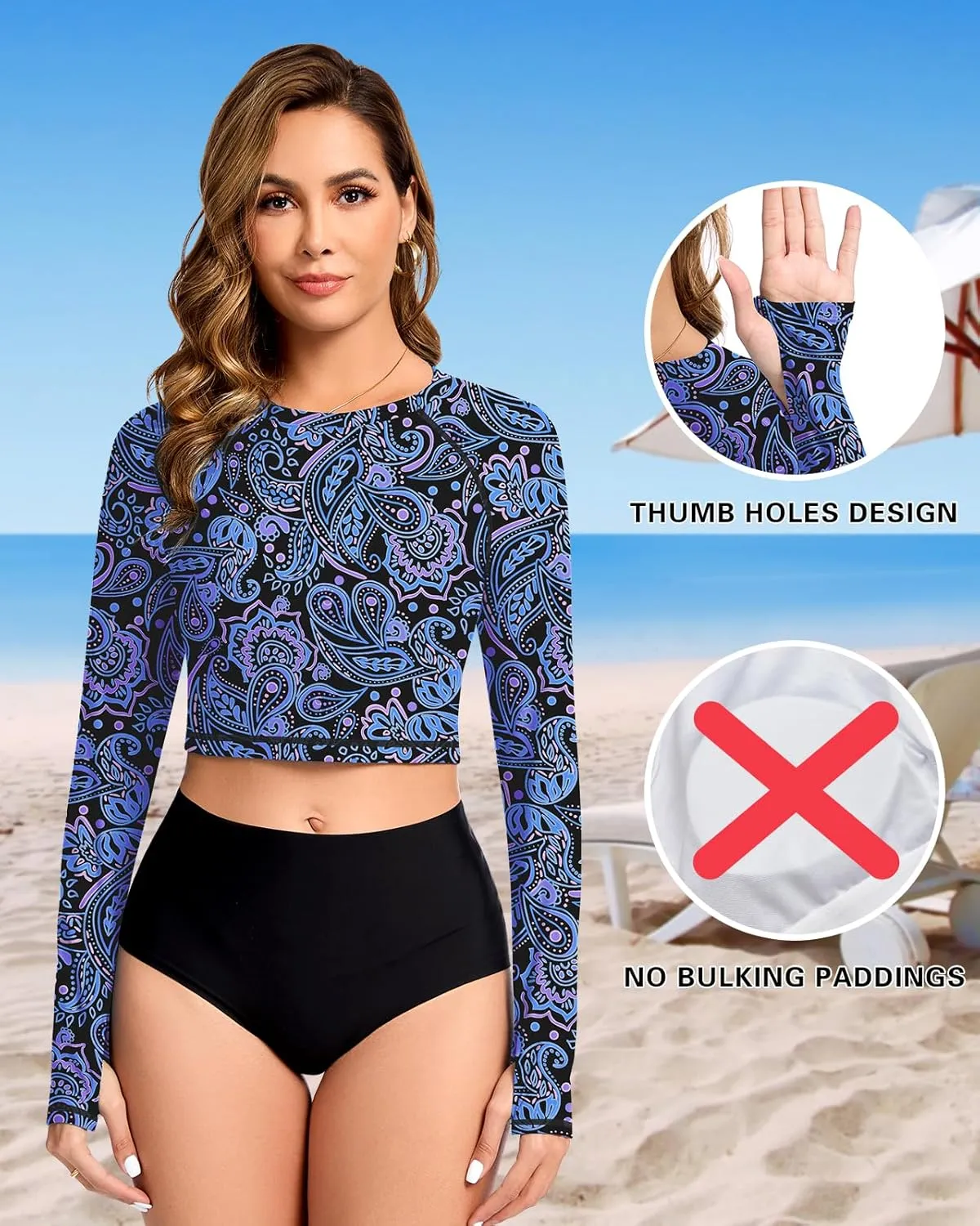 WOWENY Rash Guard for Women Long Sleeve Swimsuits UPF 50  Swim Shirts UV Protection Swim Crop Top Bathing Suit No Bottom