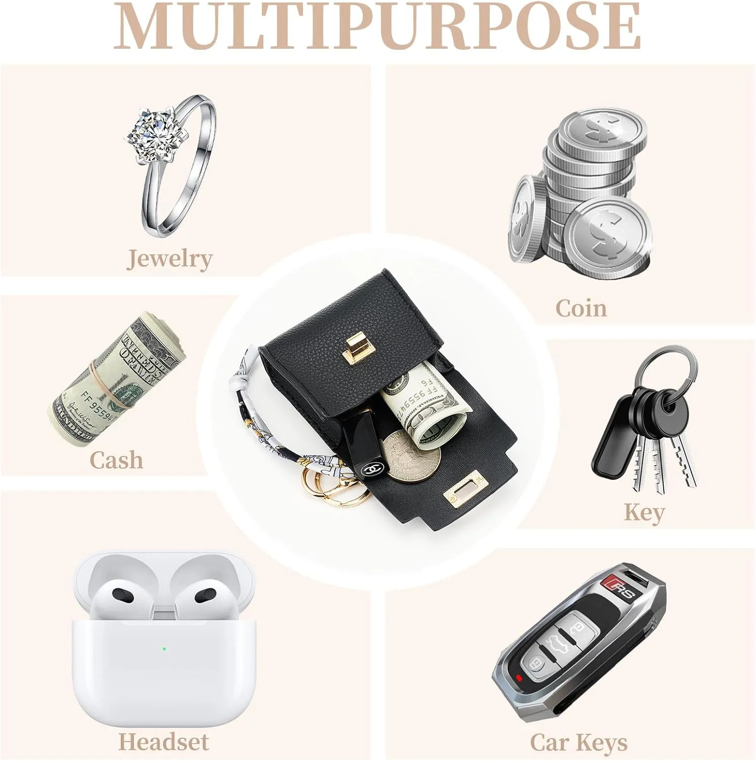 WOZEAH Mini Backpack Keychain for Women,Small Change Pouch Coin Purse Twist-lock with Key Headset Bag（Black）