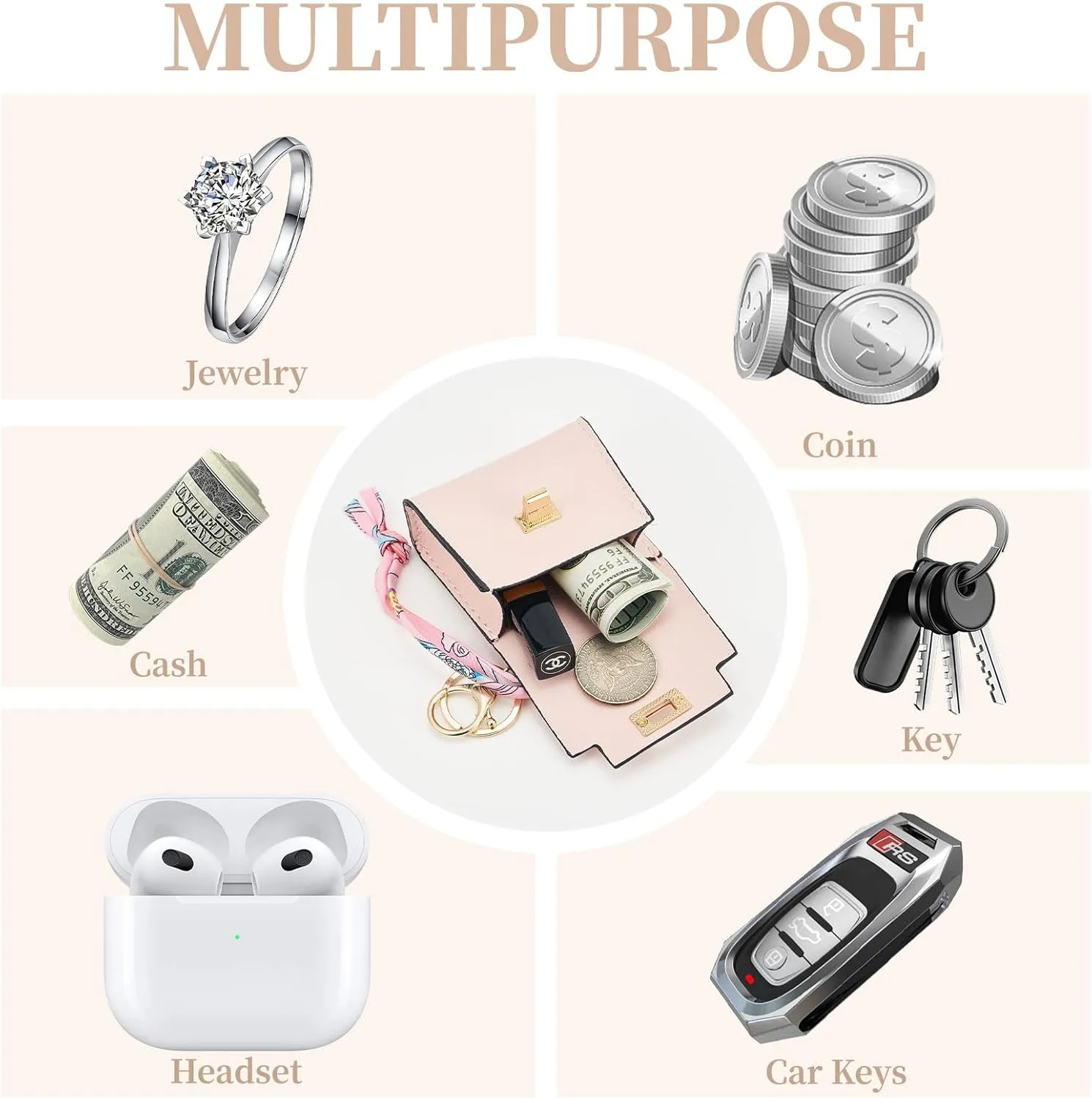 WOZEAH Mini Backpack Keychain for Women,Small Change Pouch Coin Purse Twist-lock with Key Headset Bag（Pink）