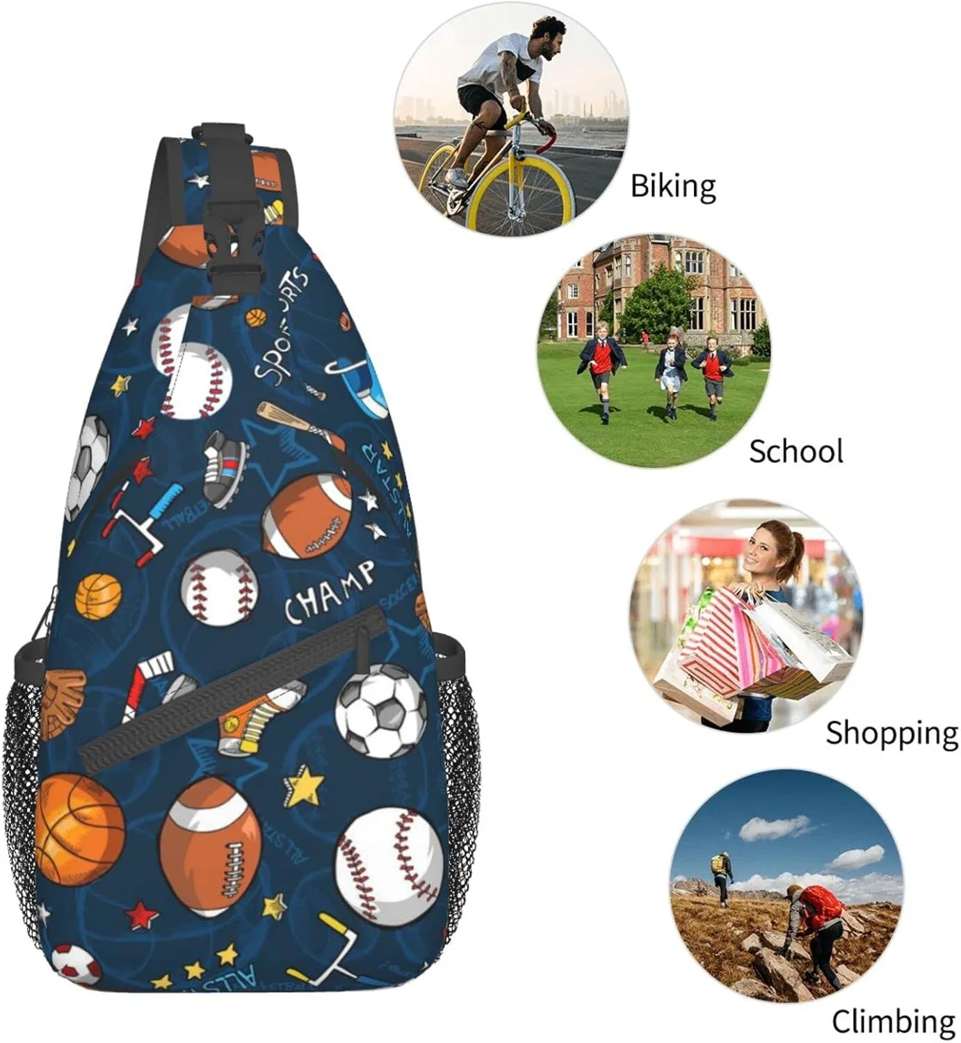 WURTON Baseball Basketball Football Hockey Print Trendy Casual Daypack Versatile Crossbody Backpack Shoulder Bag Fashionable Chest Bag, MC700