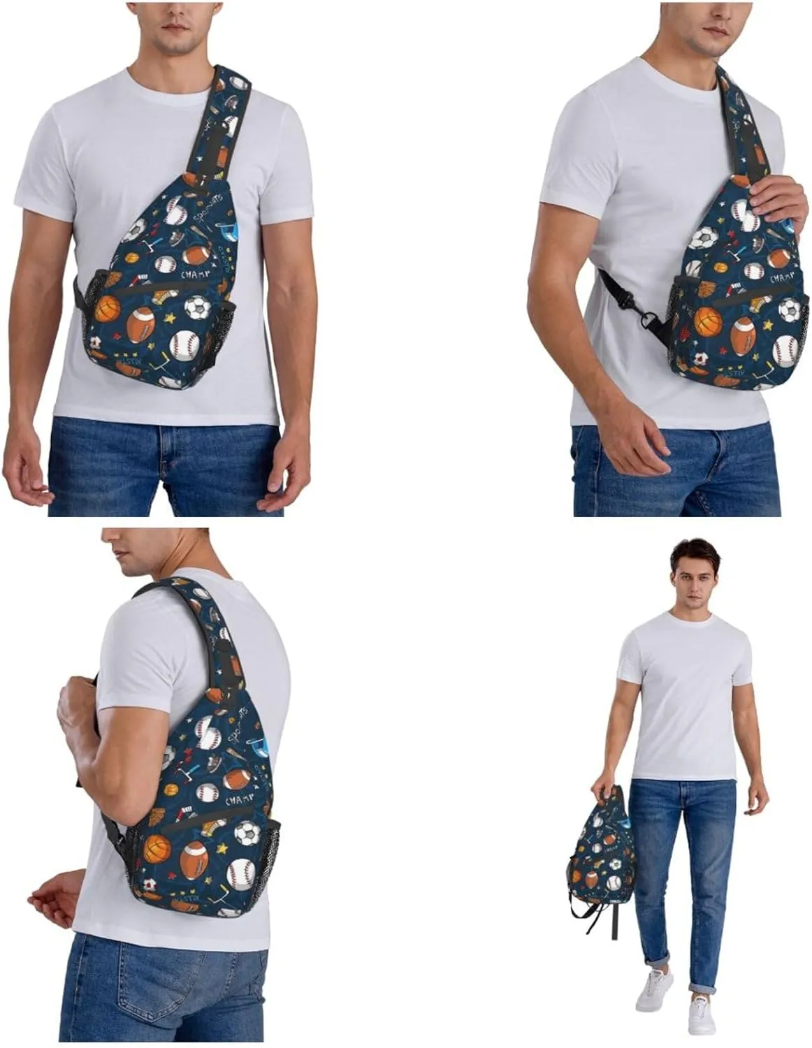 WURTON Baseball Basketball Football Hockey Print Trendy Casual Daypack Versatile Crossbody Backpack Shoulder Bag Fashionable Chest Bag, MC700