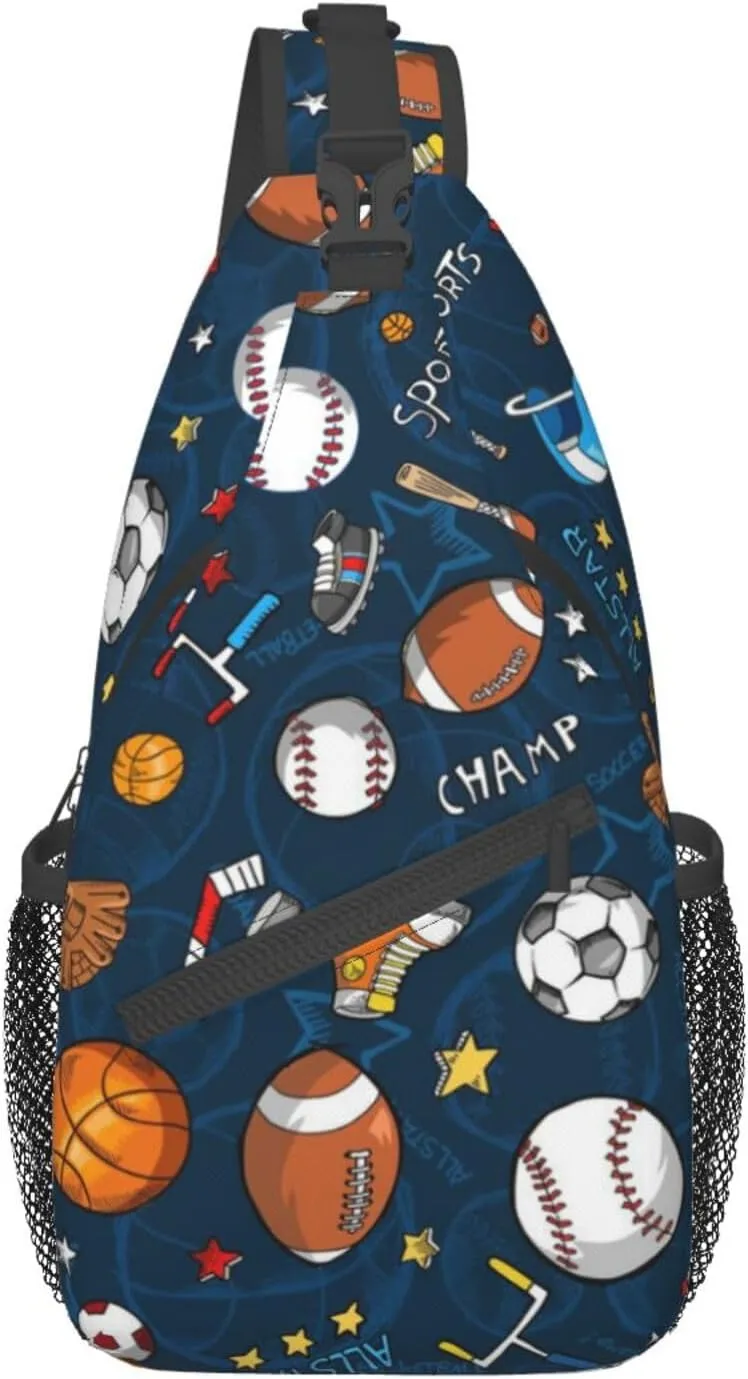WURTON Baseball Basketball Football Hockey Print Trendy Casual Daypack Versatile Crossbody Backpack Shoulder Bag Fashionable Chest Bag, MC700