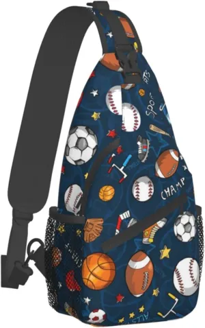WURTON Baseball Basketball Football Hockey Print Trendy Casual Daypack Versatile Crossbody Backpack Shoulder Bag Fashionable Chest Bag, MC700