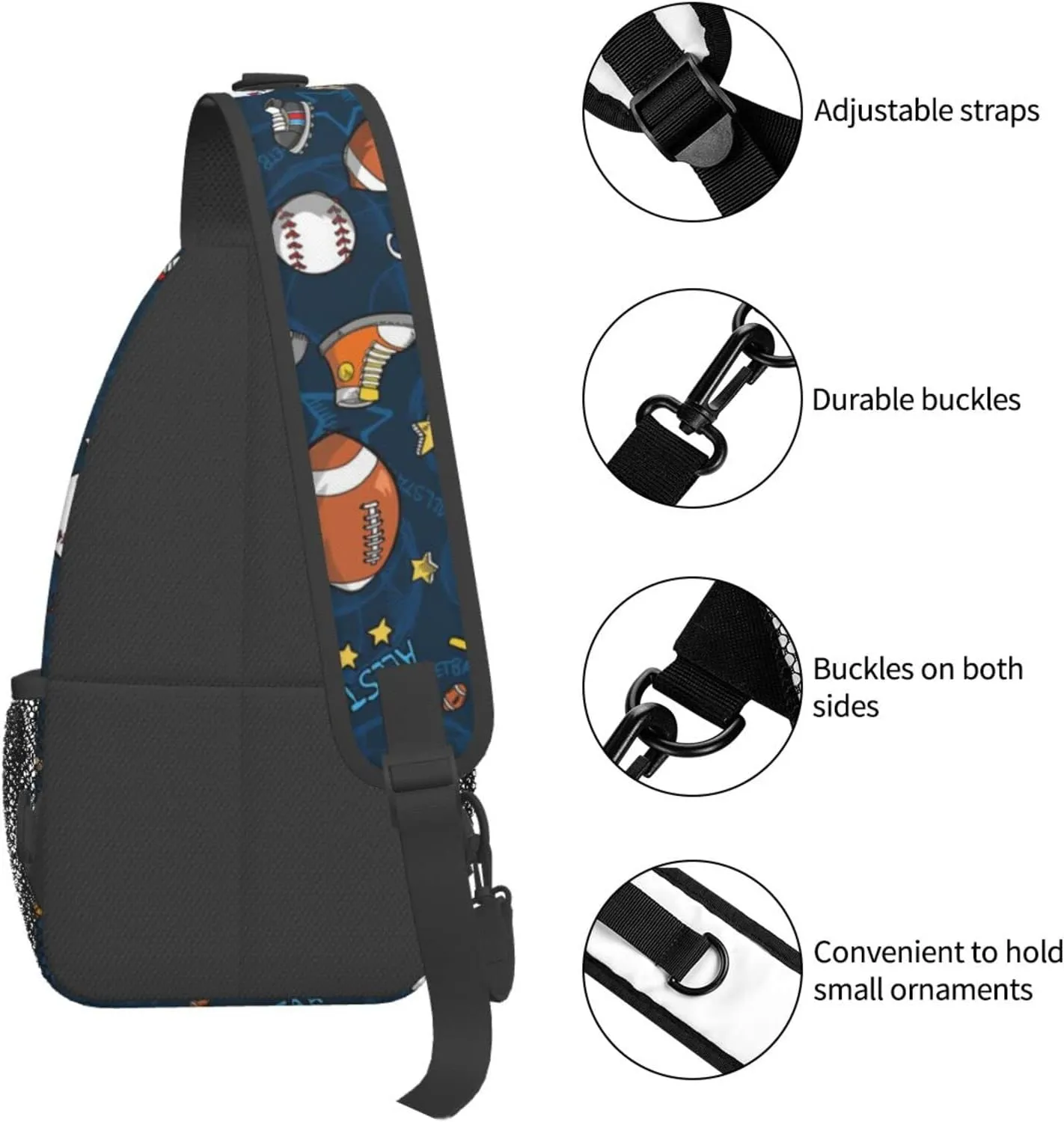 WURTON Baseball Basketball Football Hockey Print Trendy Casual Daypack Versatile Crossbody Backpack Shoulder Bag Fashionable Chest Bag, MC700
