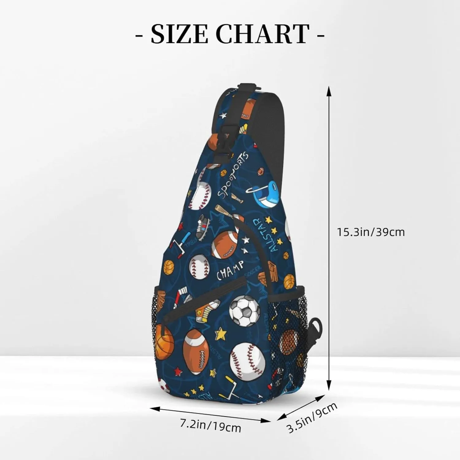 WURTON Baseball Basketball Football Hockey Print Trendy Casual Daypack Versatile Crossbody Backpack Shoulder Bag Fashionable Chest Bag, MC700