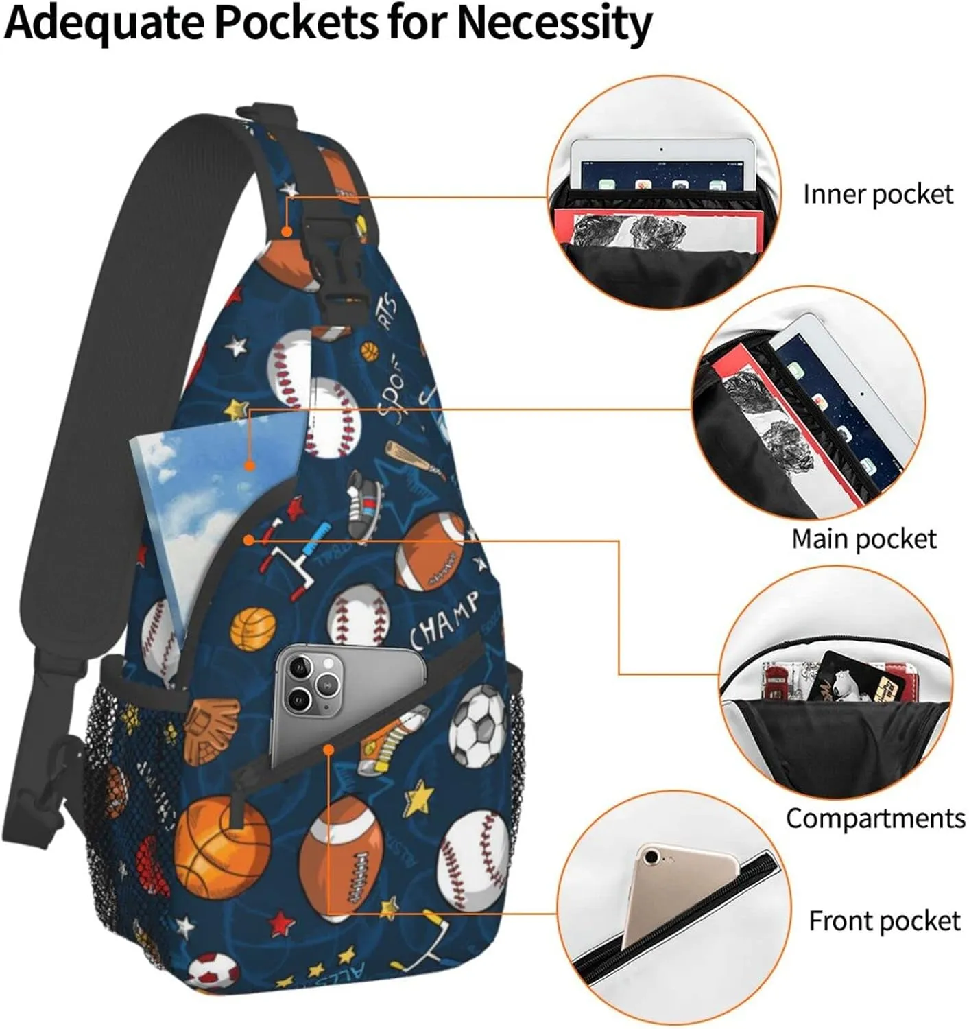WURTON Baseball Basketball Football Hockey Print Trendy Casual Daypack Versatile Crossbody Backpack Shoulder Bag Fashionable Chest Bag, MC700