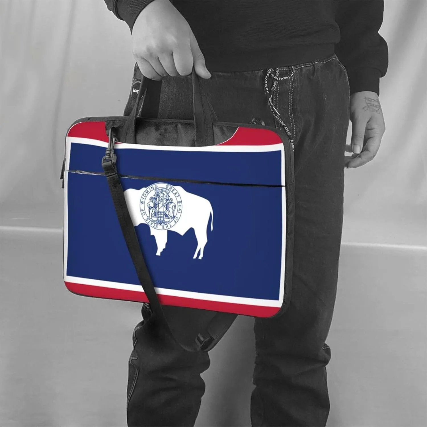 Wyoming State Flag Print Laptop Adjustable Shoulder Strap With Handle Accessory Pocket For Men Women