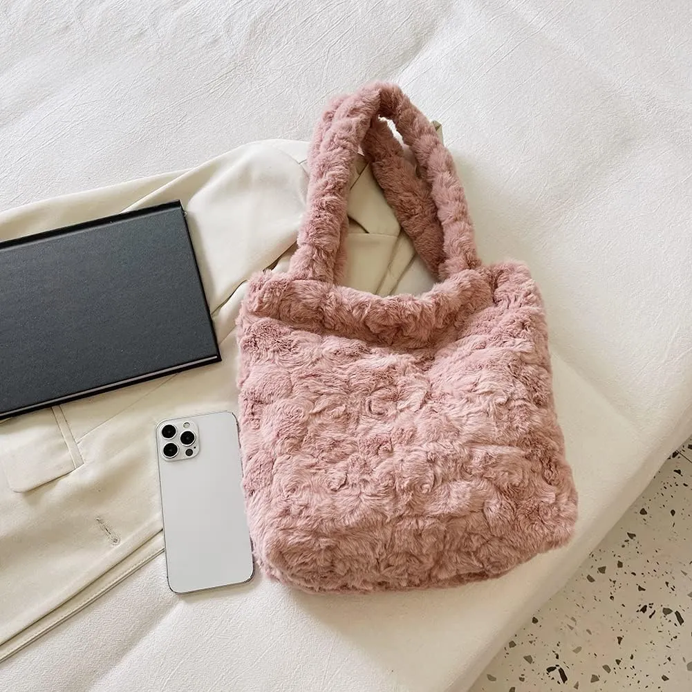 Y2K Plush Underarm Bag, Ladies Fluffy Shoulder Bag, Women Furry Flower Tote for Autumn and Winter