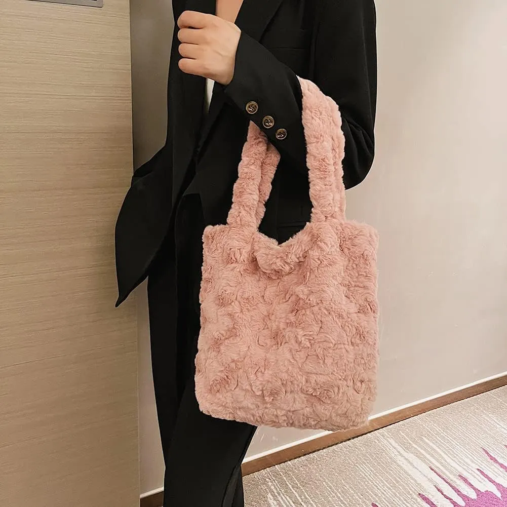 Y2K Plush Underarm Bag, Ladies Fluffy Shoulder Bag, Women Furry Flower Tote for Autumn and Winter