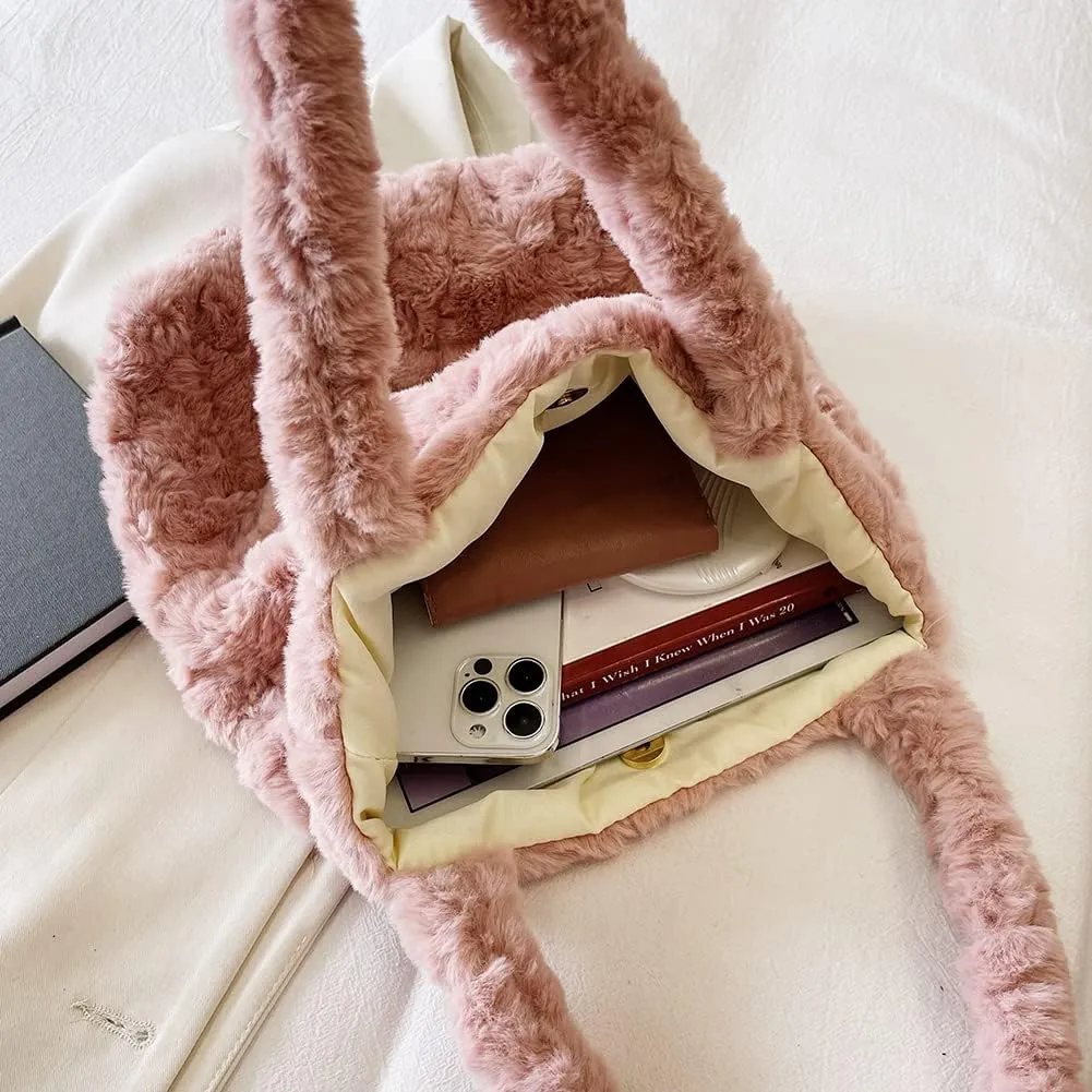 Y2K Plush Underarm Bag, Ladies Fluffy Shoulder Bag, Women Furry Flower Tote for Autumn and Winter
