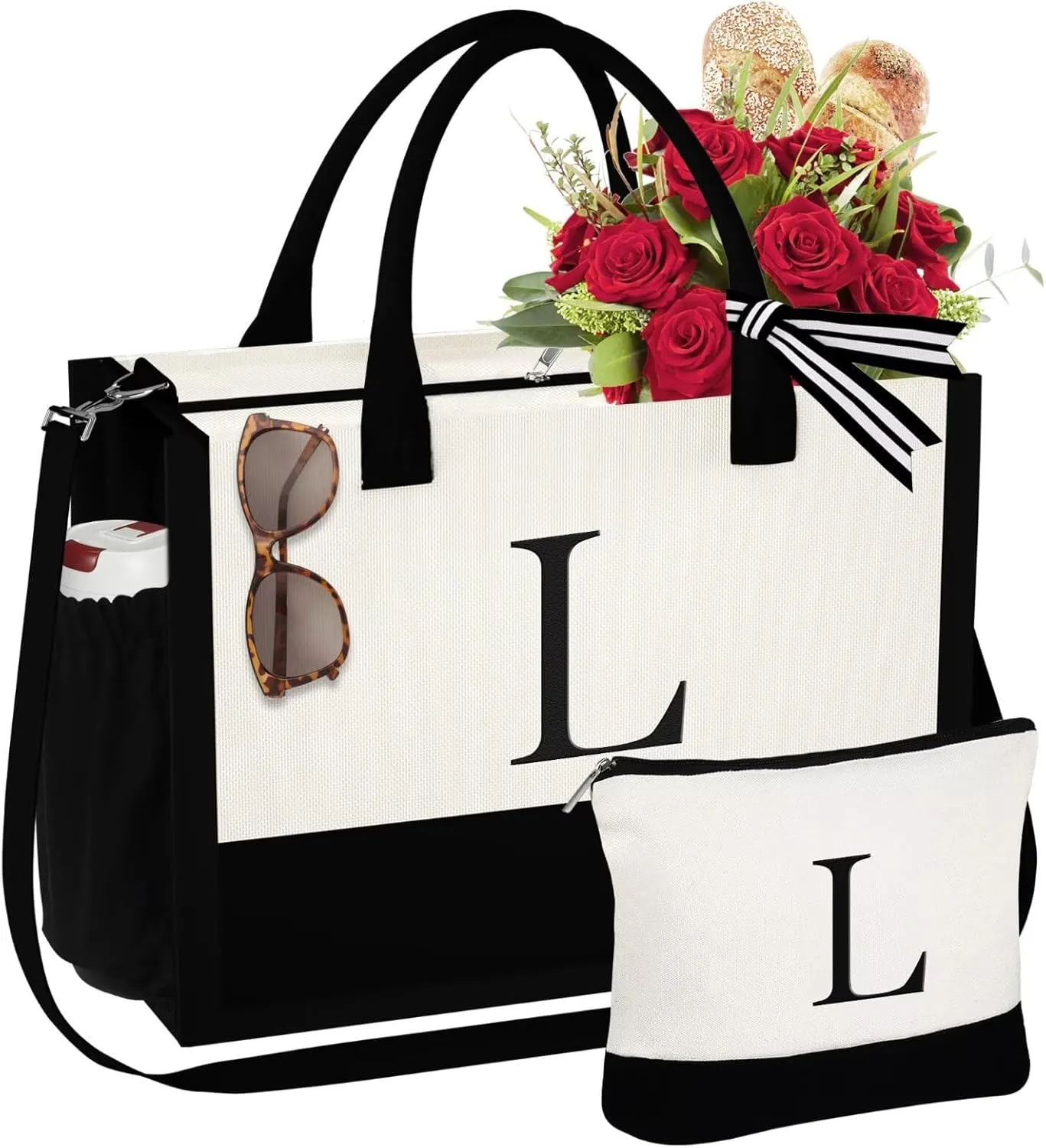 YOOLIFE Mothers Day Gifts for Women - Initial Tote Bag & Makeup Bag, Birthday Gifts for Women Mom Wife Teacher Friend