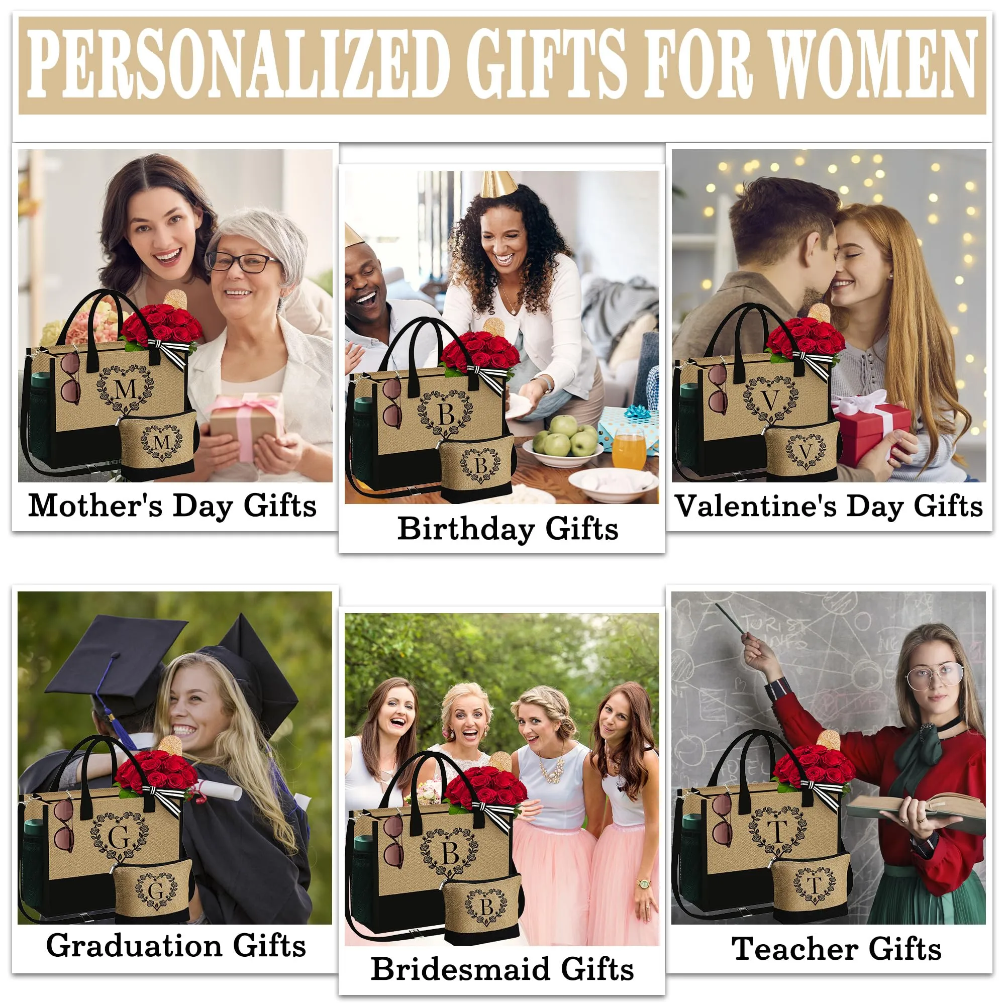 YOOLIFE Personalized Jute Tote Bag for Women, Best Friend Birthday Gifts Initial Beach Bag Large Tote Bag Mom Grandma Mothers Day Gift Basket Teacher Appreciation Gifts for Women Mom Her Letter M