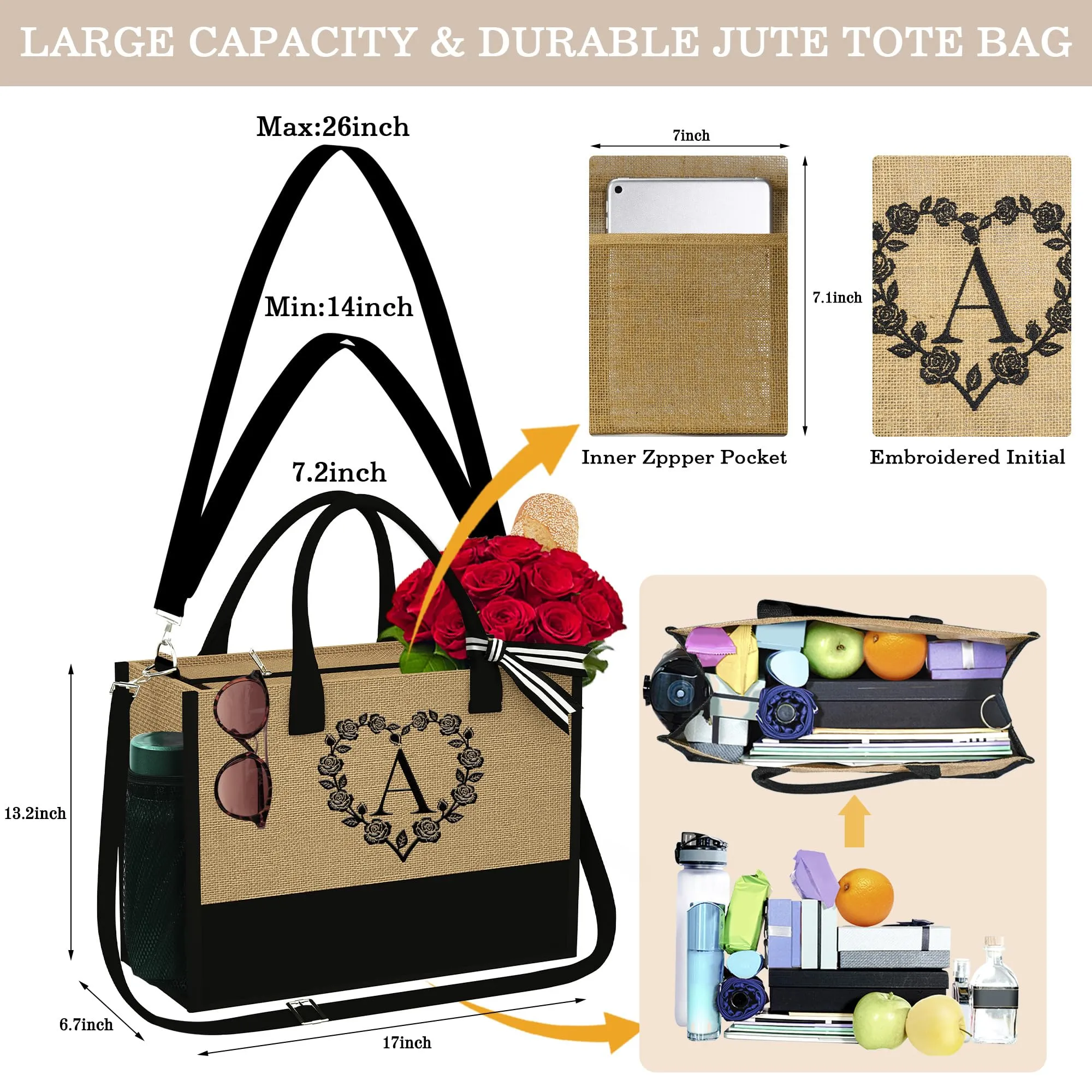 YOOLIFE Personalized Jute Tote Bag for Women, Best Friend Birthday Gifts Initial Beach Bag Large Tote Bag Mom Grandma Mothers Day Gift Basket Teacher Appreciation Gifts for Women Mom Her Letter M