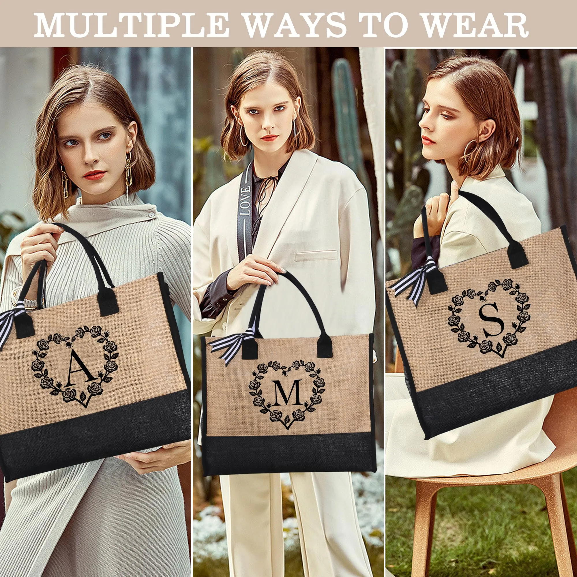 YOOLIFE Personalized Jute Tote Bag for Women, Best Friend Birthday Gifts Initial Beach Bag Large Tote Bag Mom Grandma Mothers Day Gift Basket Teacher Appreciation Gifts for Women Mom Her Letter M