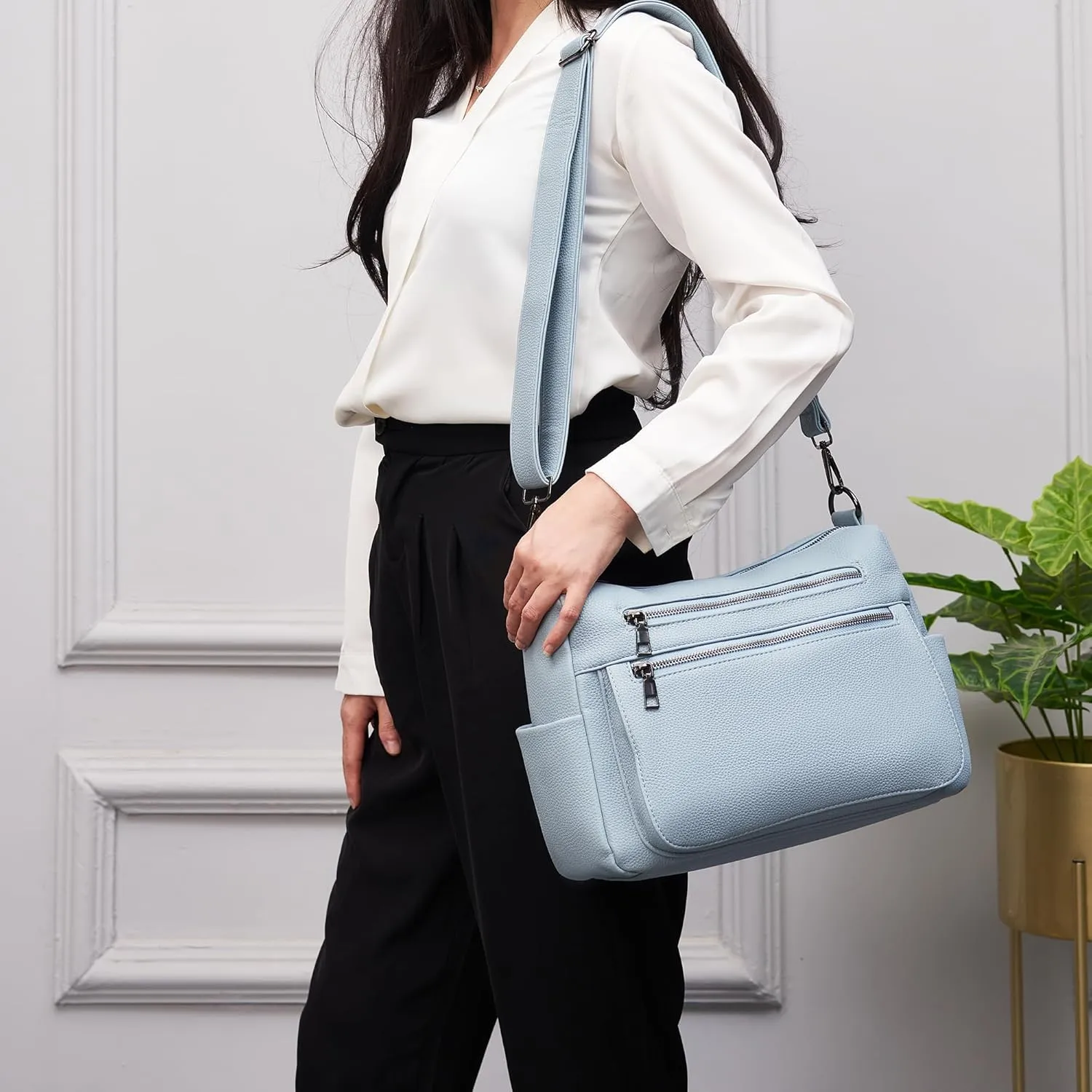 YZAOLL Large Crossbody Bag for Women Vegan Leather Tote with Adjustable Wide Strap Water-resistant Work Purse with 10 Pockets
