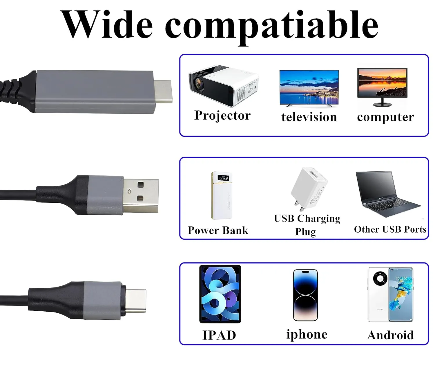 zdyCGTime 2 in 1 MHL USB Type C 3.1 Male & USB 2.0 A Male to HDMI Male 4K@30Hz HDTV Mirroring Video Audio Output Charging Cable Compatible with Android, MacBook, iPad, Thunderbolt 3(2m/Black-USB C)