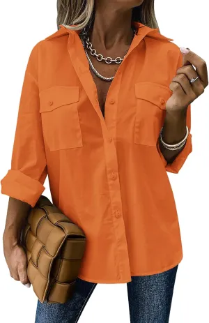 Zeagoo Womens Button Down Shirts Casual Long Sleeve Drop Shoulder Blouses Solid Color Dress Shirts with Pockets
