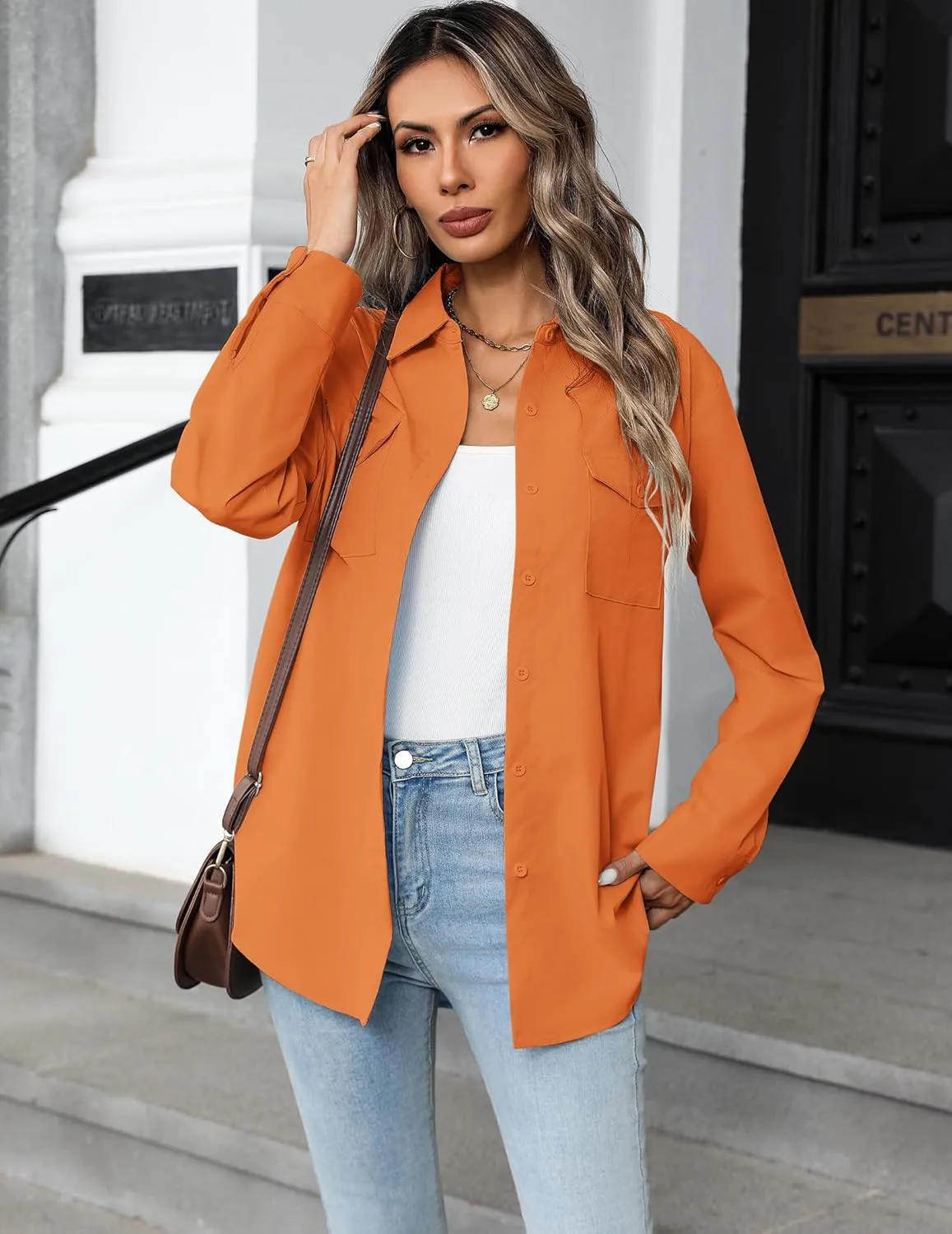 Zeagoo Womens Button Down Shirts Casual Long Sleeve Drop Shoulder Blouses Solid Color Dress Shirts with Pockets