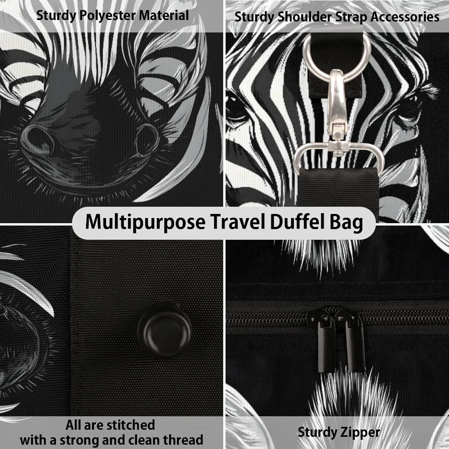 Zebra Duffle Bag for Travel, Overnight Weekend Gym Carry On Luggage Bag, Animal Zebra Travel Duffel Bag for Men Women