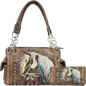 Zelris Dakota Dales Pony Horse Embroidery Mane Western Country Women Conceal Carry CCW Shoulder Handbag Purse with Wallet Set