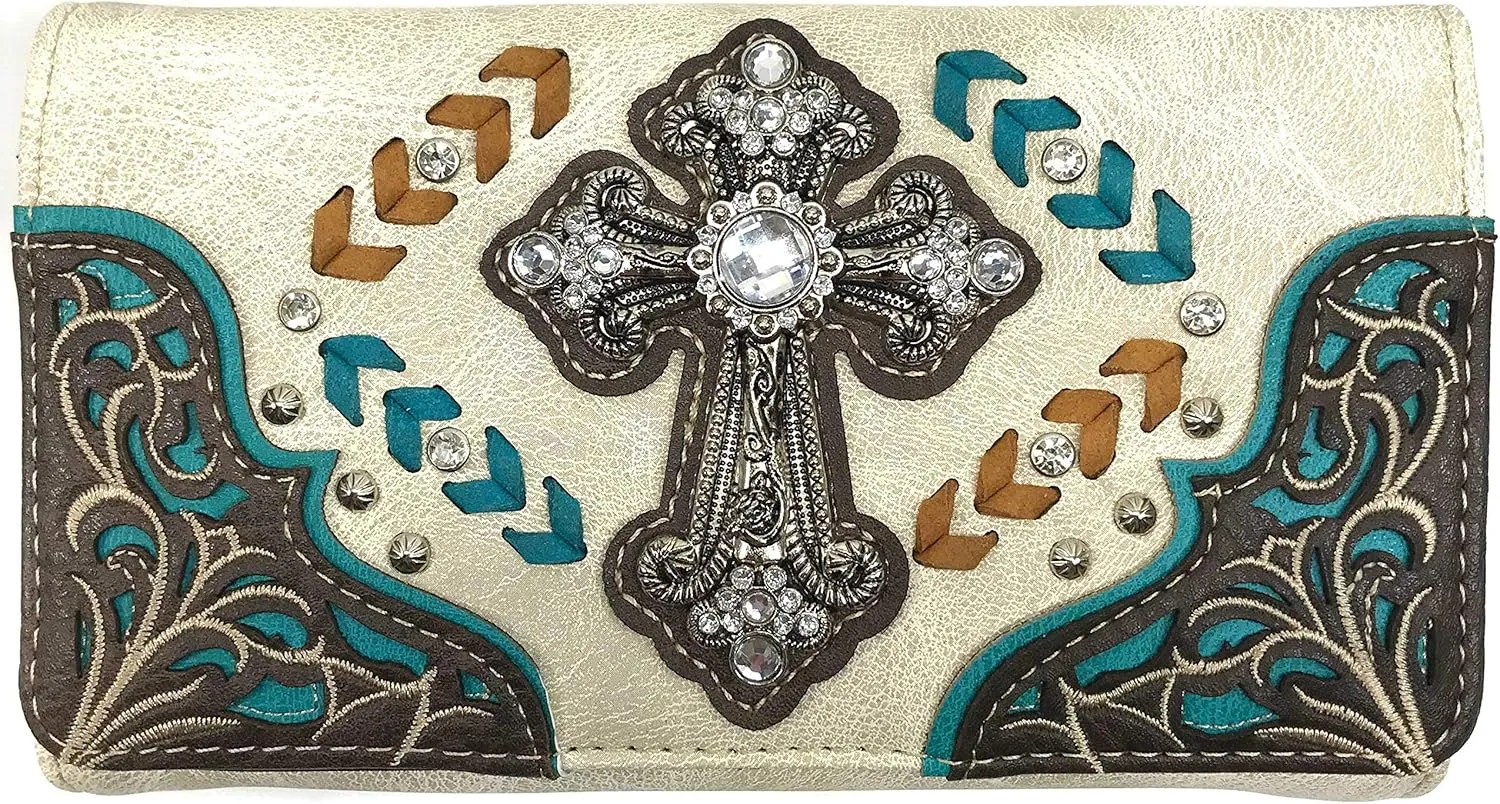 Zelris Western Country Cross Chevron Design Crossbody Trifold Wallet