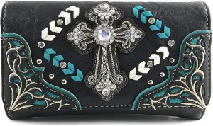 Zelris Western Country Cross Chevron Design Crossbody Trifold Wallet