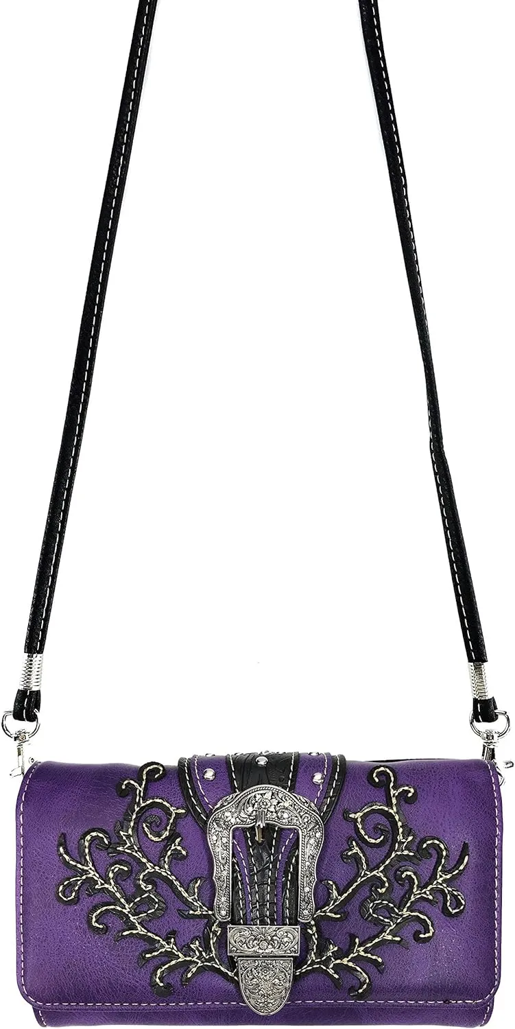 Zelris Western Country Floral Buckle Crossbody Trifold Fold Wallet