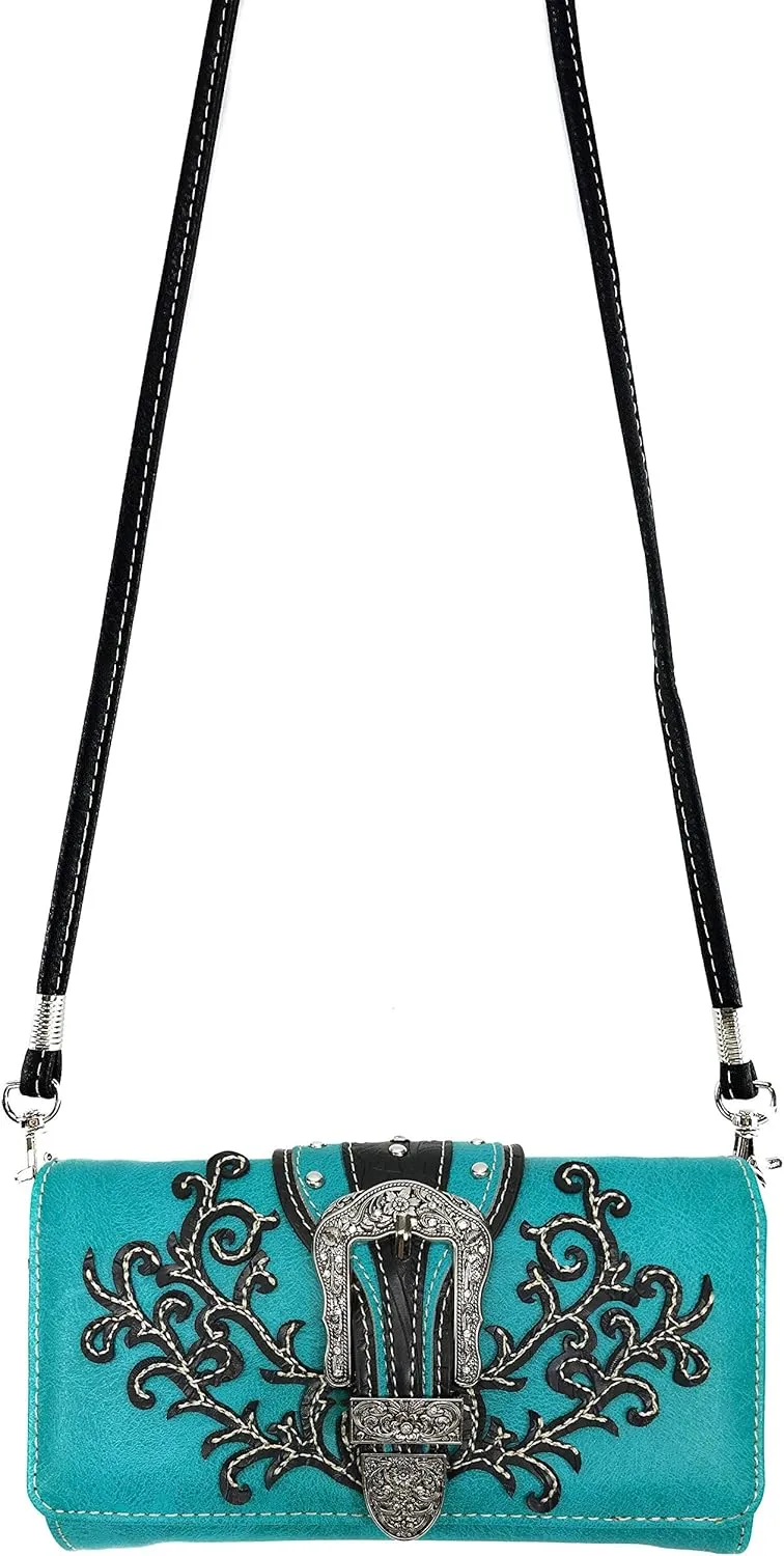 Zelris Western Country Floral Buckle Crossbody Trifold Fold Wallet