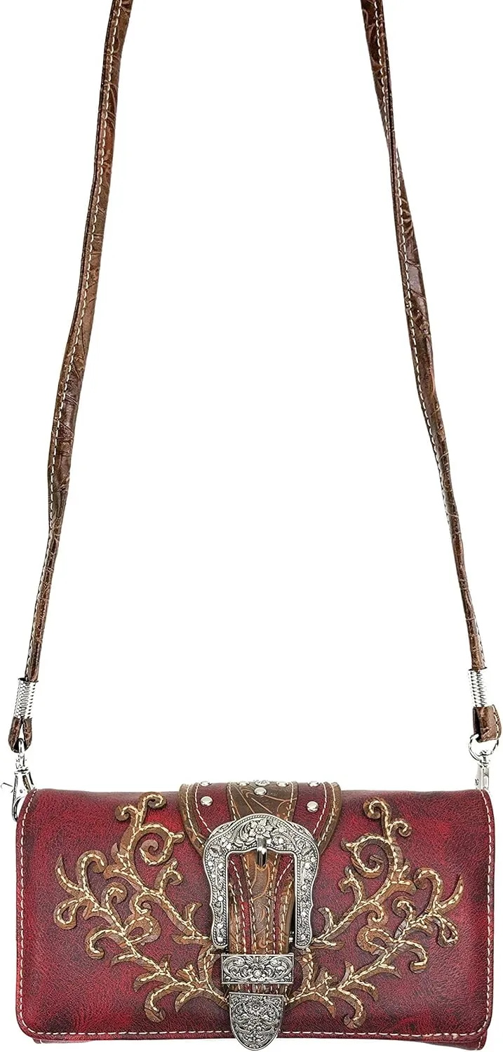 Zelris Western Country Floral Buckle Crossbody Trifold Fold Wallet