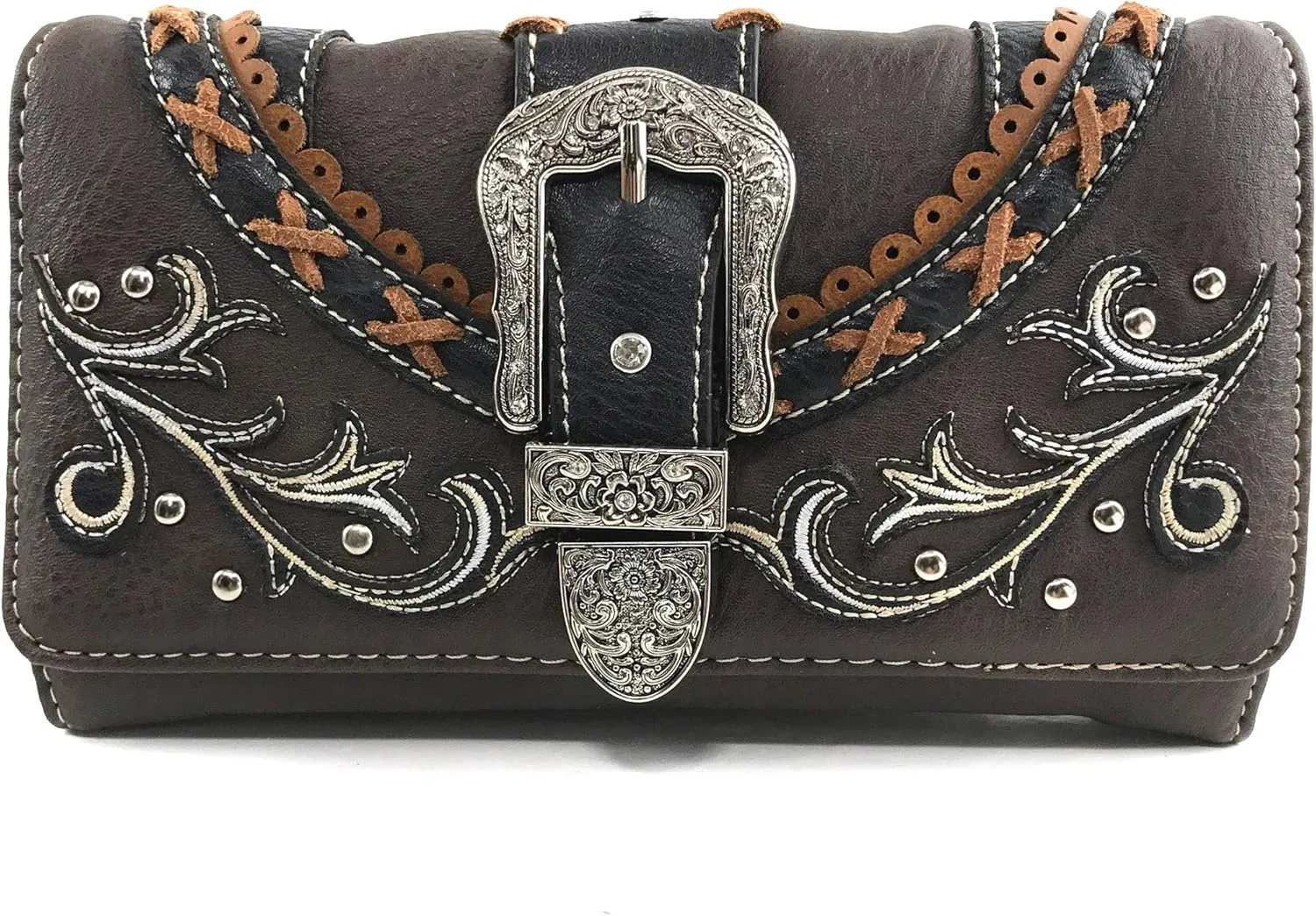 Zelris Western Country Floral Buckle Crossbody Trifold Wallet (Brown)