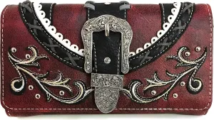 Zelris Western Country Floral Buckle Crossbody Trifold Wallet (Red)
