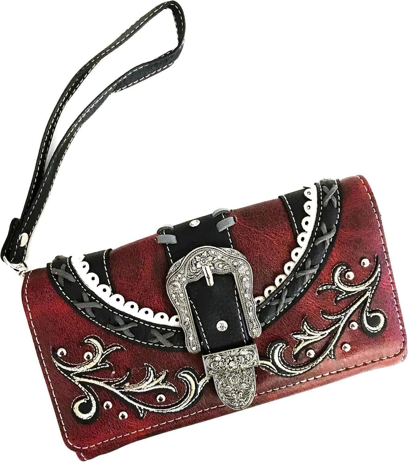Zelris Western Country Floral Buckle Crossbody Trifold Wallet (Red)