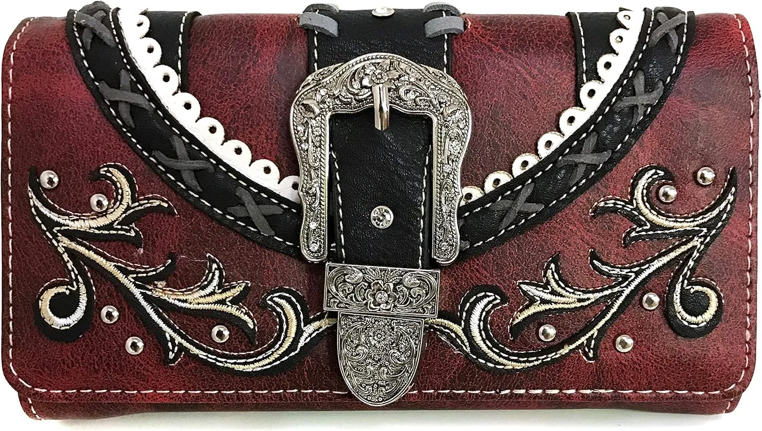 Zelris Western Country Floral Buckle Crossbody Trifold Wallet (Red)