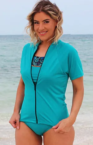 Zip Short Sleeve Rash - Chlorine Resistant SPF50  S - XL Teal