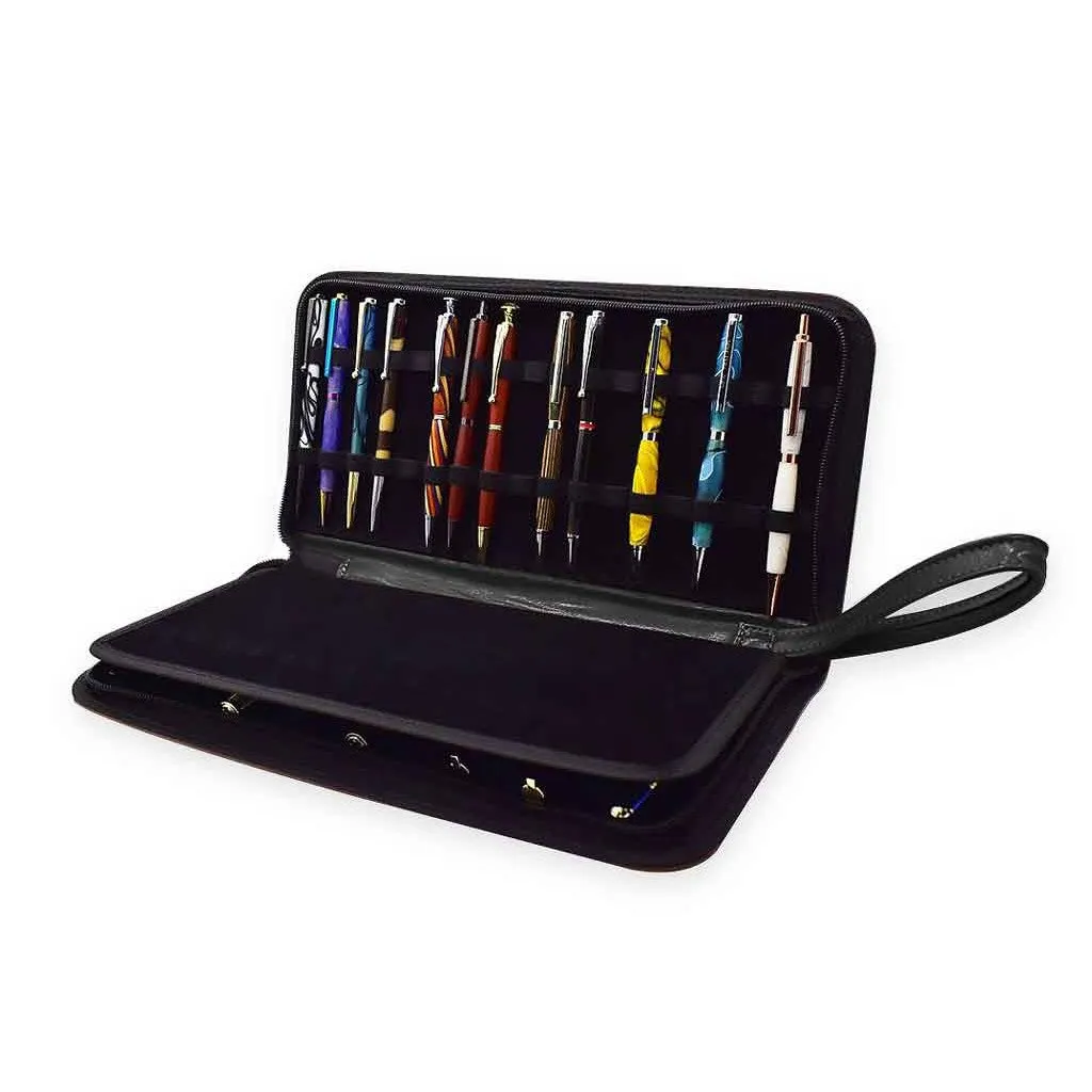 Zippered Leather Pen Portfolio - Holds 36