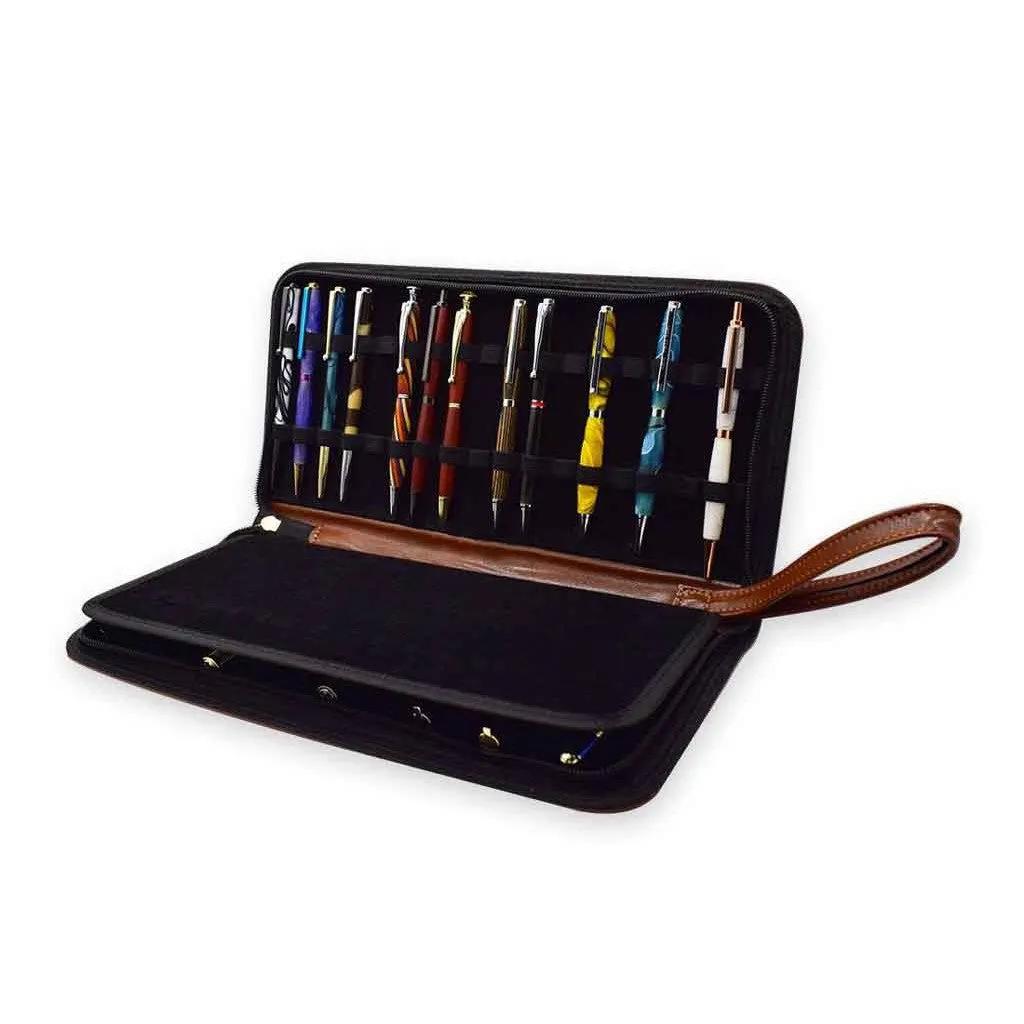 Zippered Leather Pen Portfolio - Holds 36