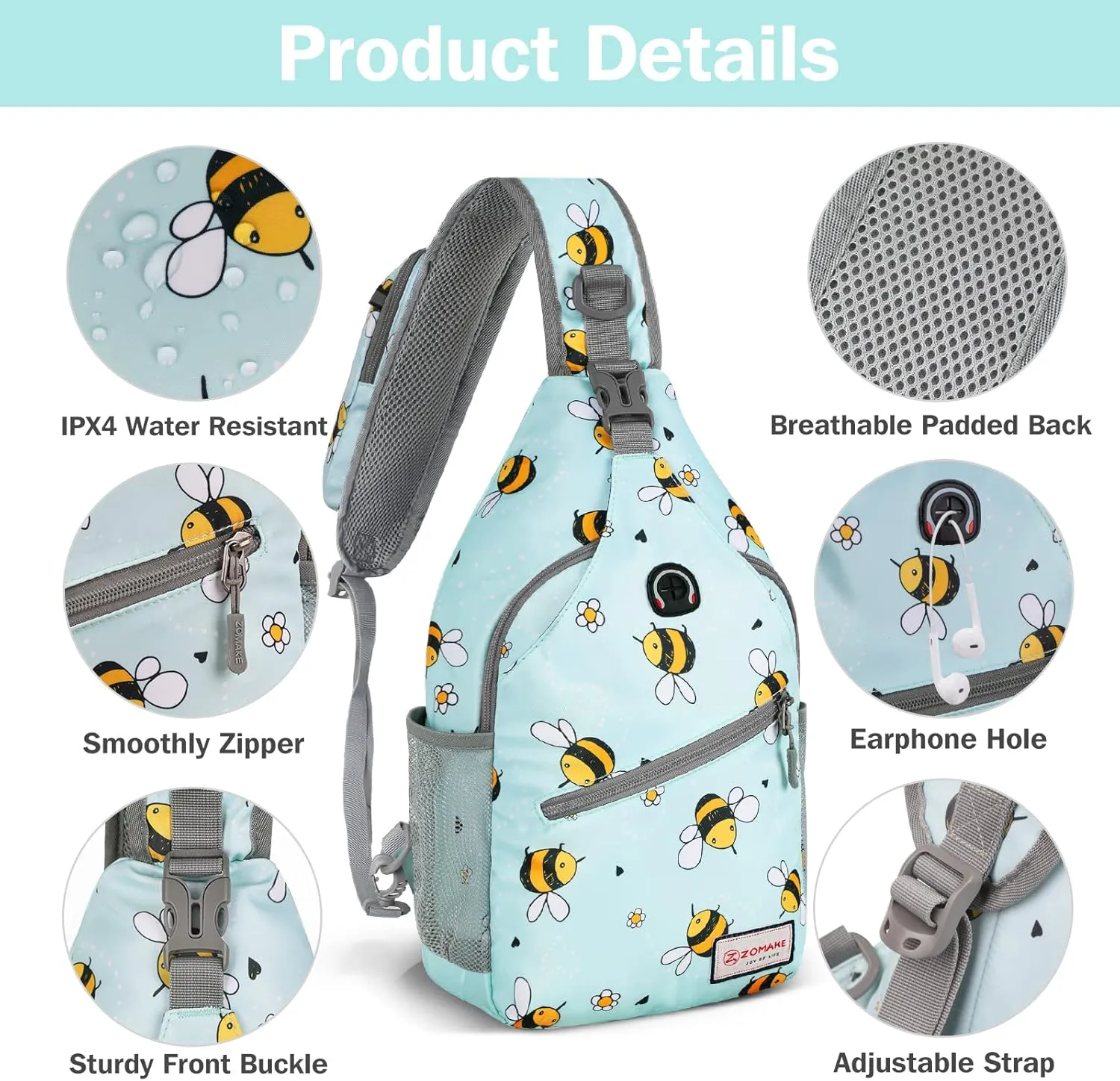 ZOMAKE Sling Bag for Women Men, Small Crossbody Sling Backpack, Mini Water Resistant Shoulder Daypack for Travel, Anti Thief Chest Bag for Hiking, Sports(Bee Blue)