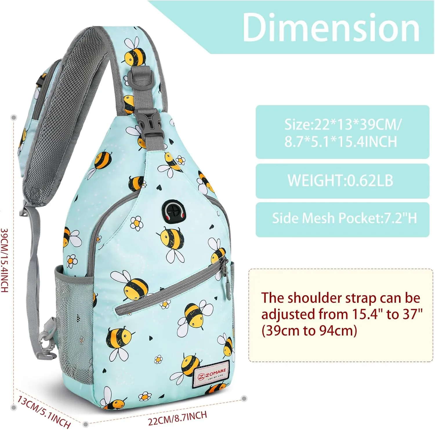 ZOMAKE Sling Bag for Women Men, Small Crossbody Sling Backpack, Mini Water Resistant Shoulder Daypack for Travel, Anti Thief Chest Bag for Hiking, Sports(Bee Blue)